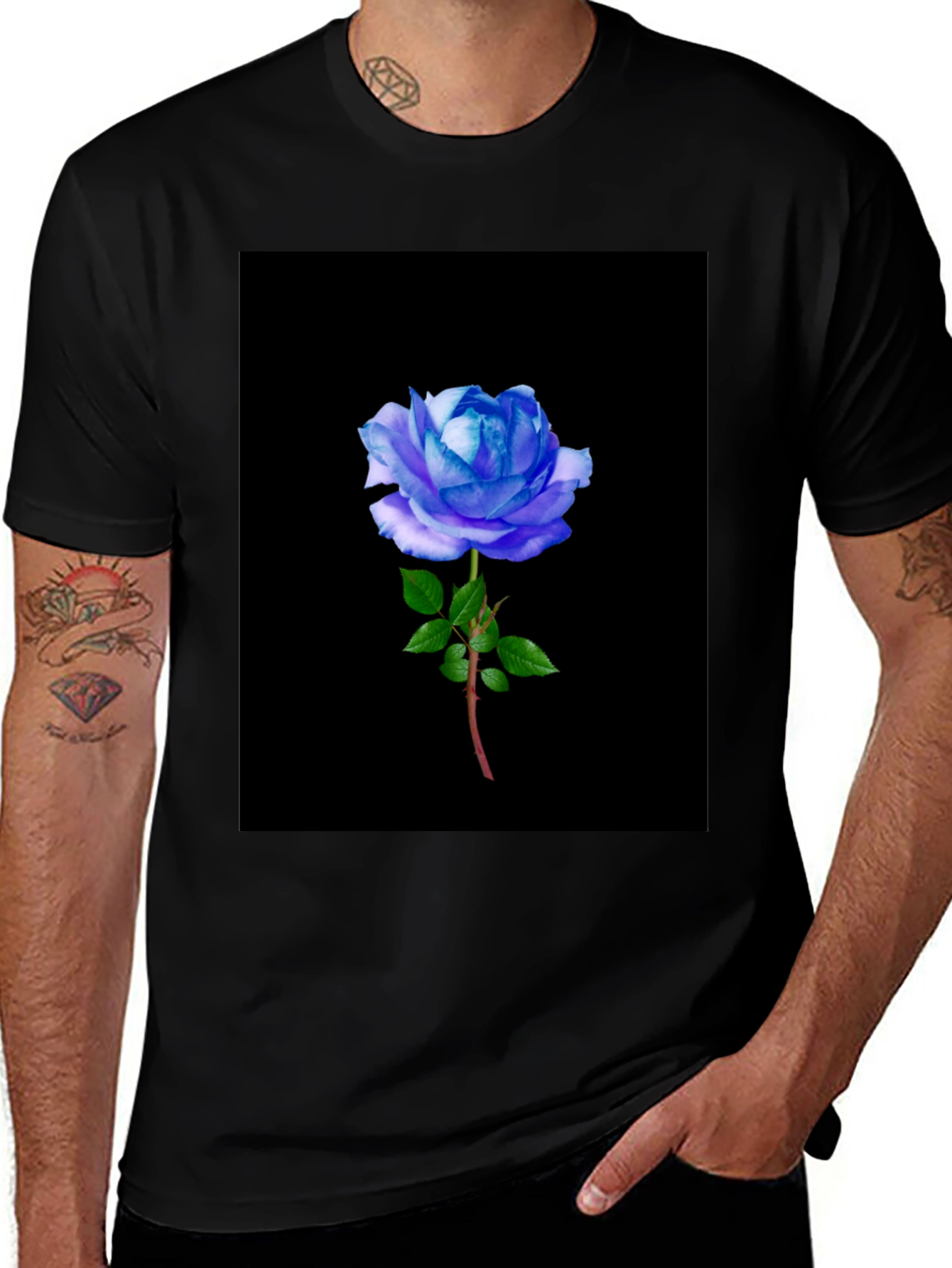 Variant 19 of Black T-Shirt with Blue Rose Graphic