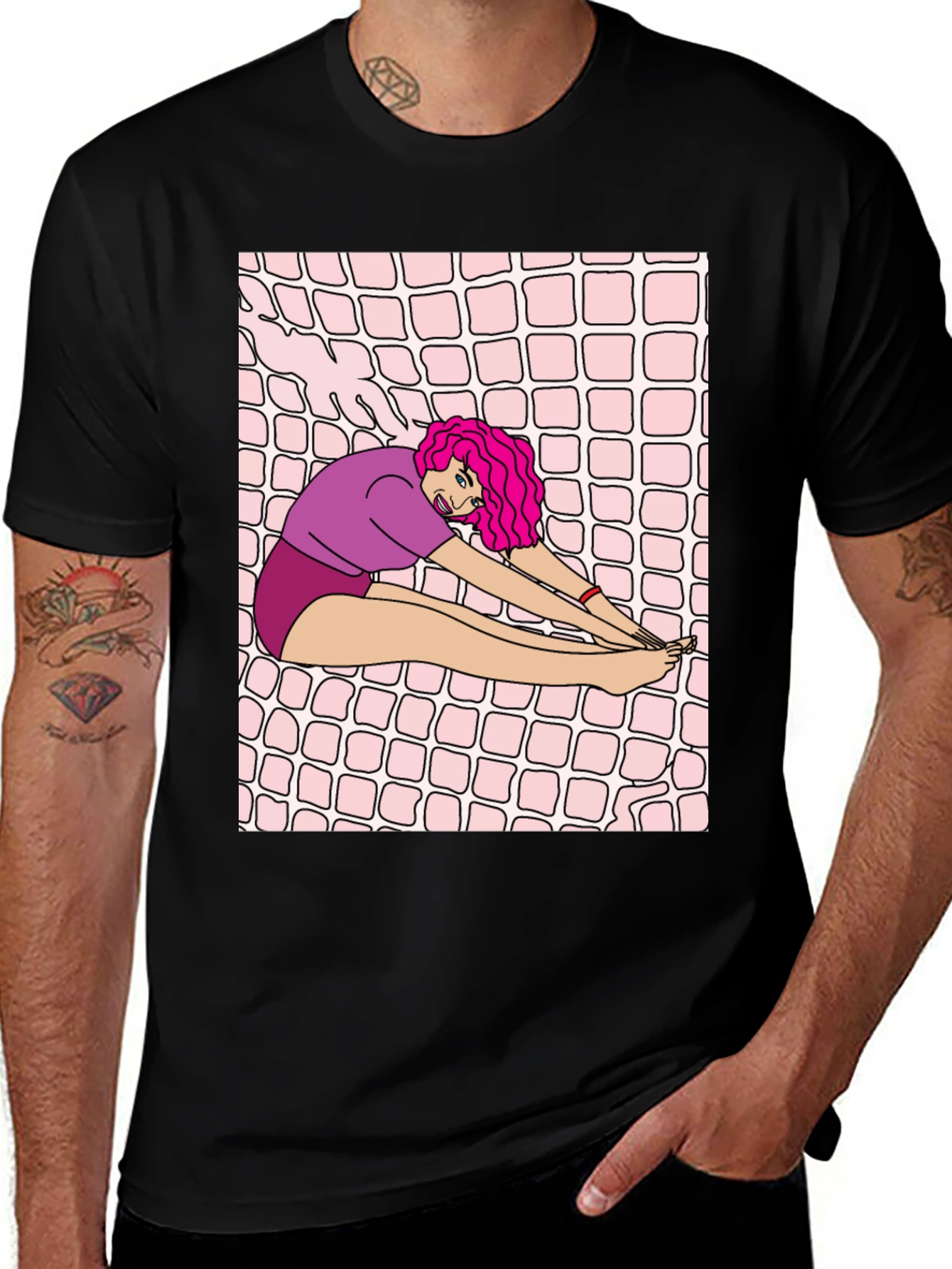 Variant 26 of Stretching Cartoon Graphic Black T-Shirt