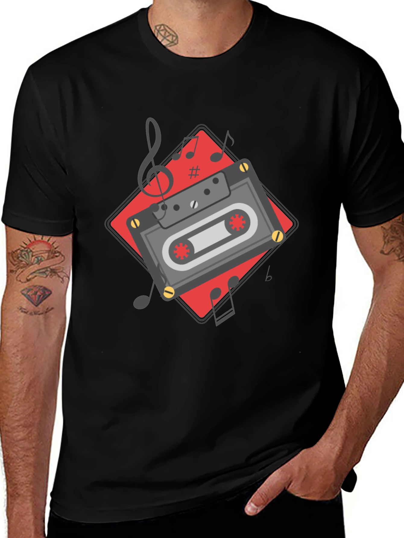 Variant 29 of Retro Cassette Tape Music Notes Graphic Tee - Black