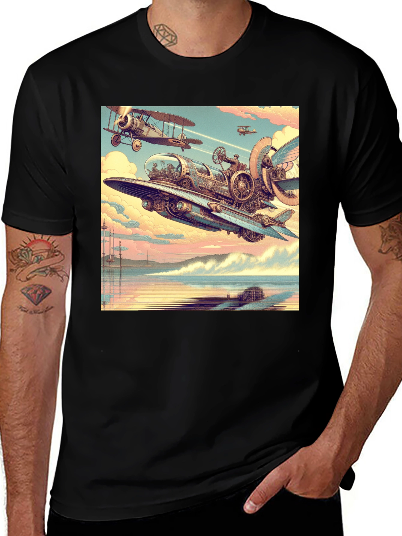 Variant 18 of Steampunk Airplane Graphic Tee - Black