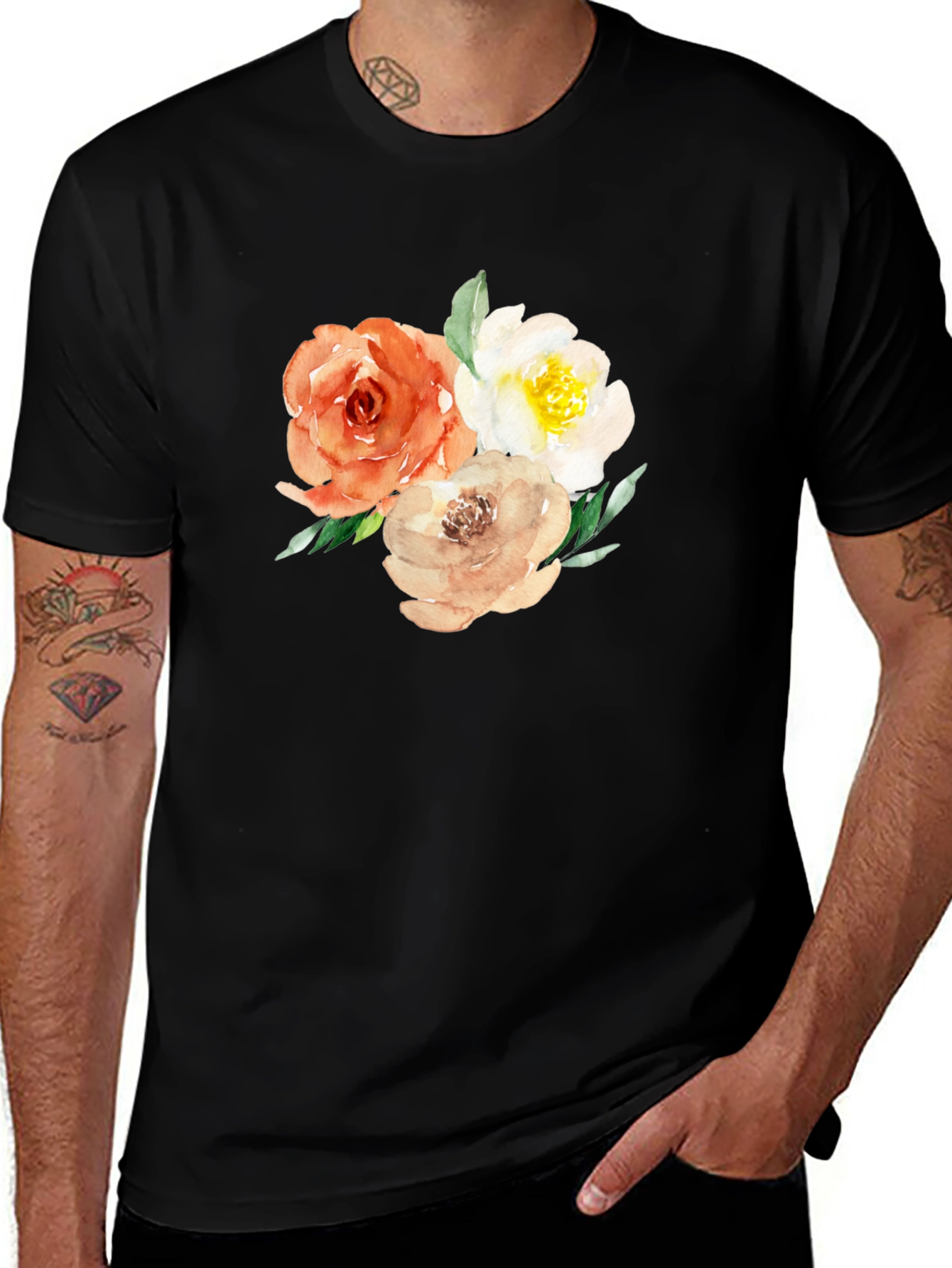 Variant 8 of Floral Watercolor Graphic Black T-Shirt