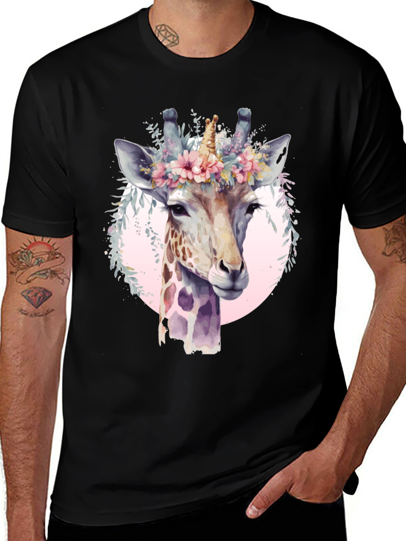 Variant 14 of Giraffe Unicorn Floral Crown Black Graphic Tee