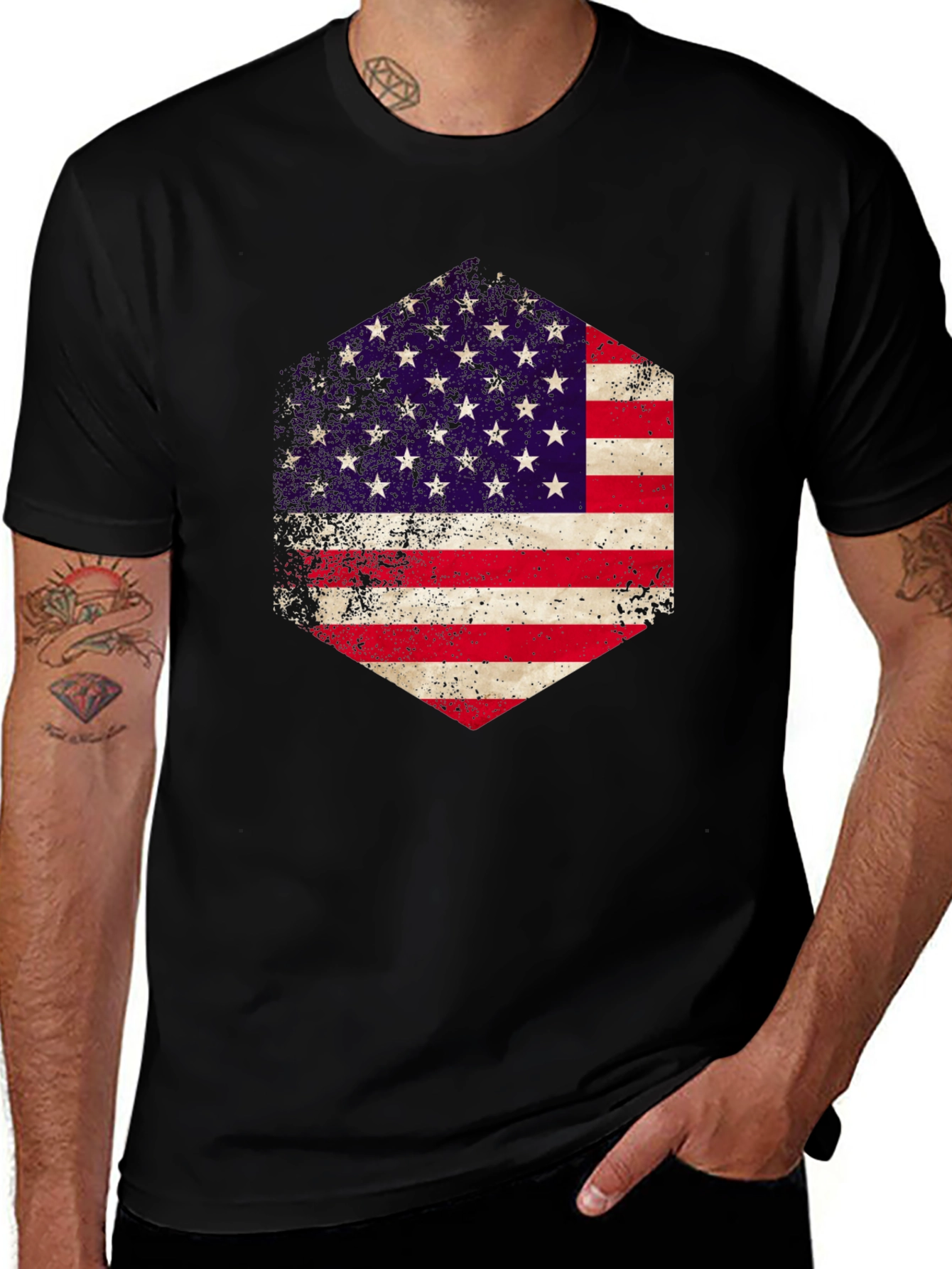 Variant 29 of American Flag Hexagon Graphic Black T-Shirt