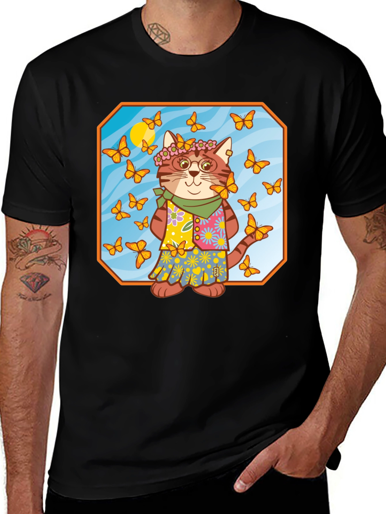 Variant 18 of Hippie Cat T-Shirt - Butterfly Kitten Tee
