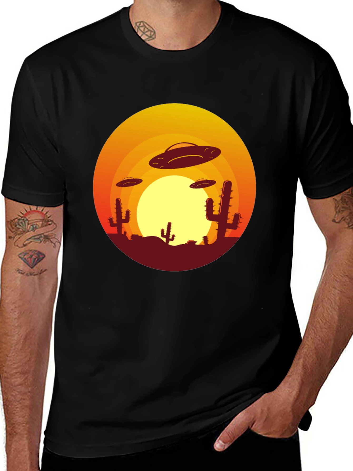 Variant 14 of UFO Desert Sunset Graphic Tee - Black Cotton T-Shirt