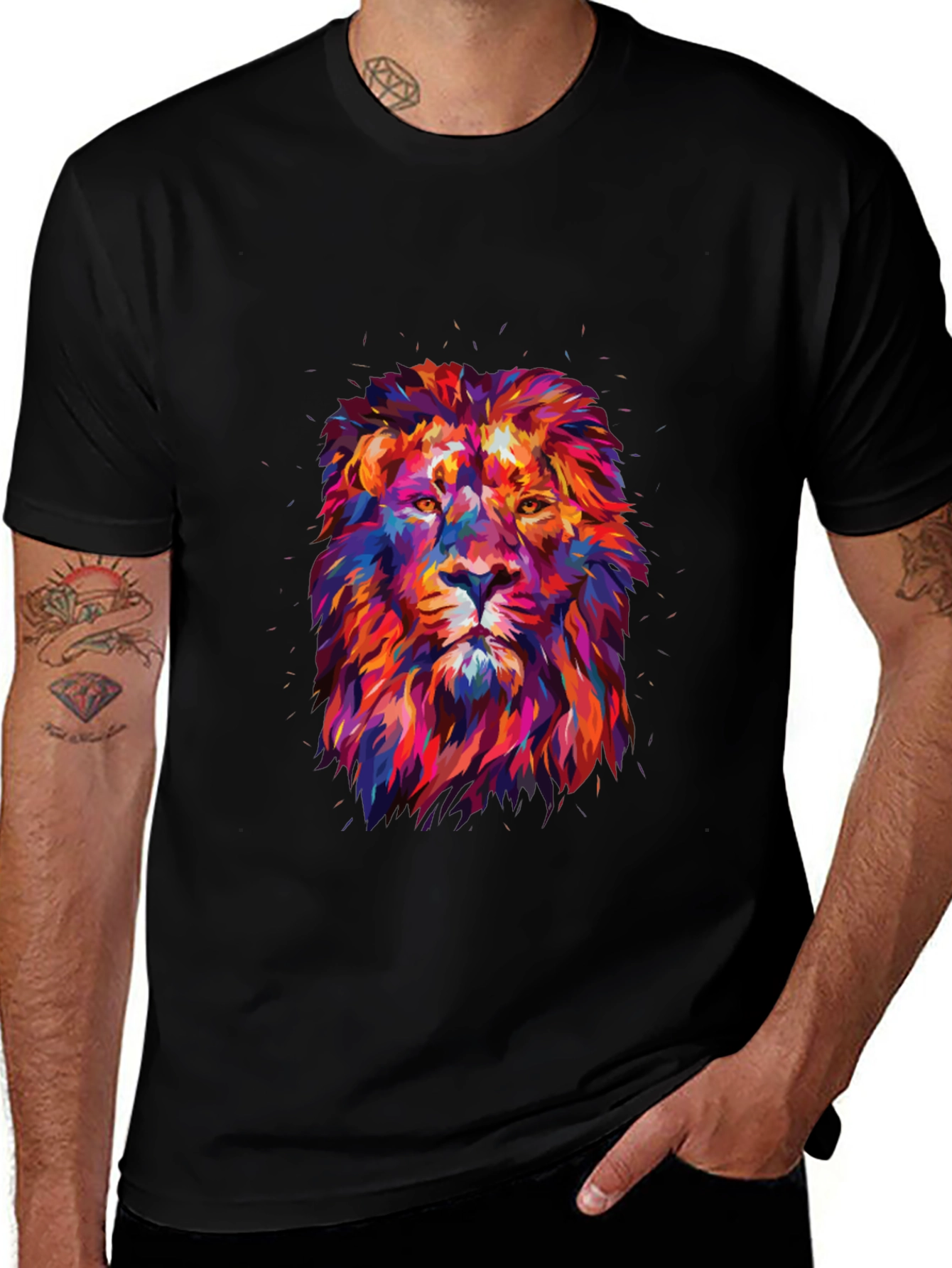 Variant 28 of Colorful Lion Graphic Tee - Unique Men's Black T-Shirt