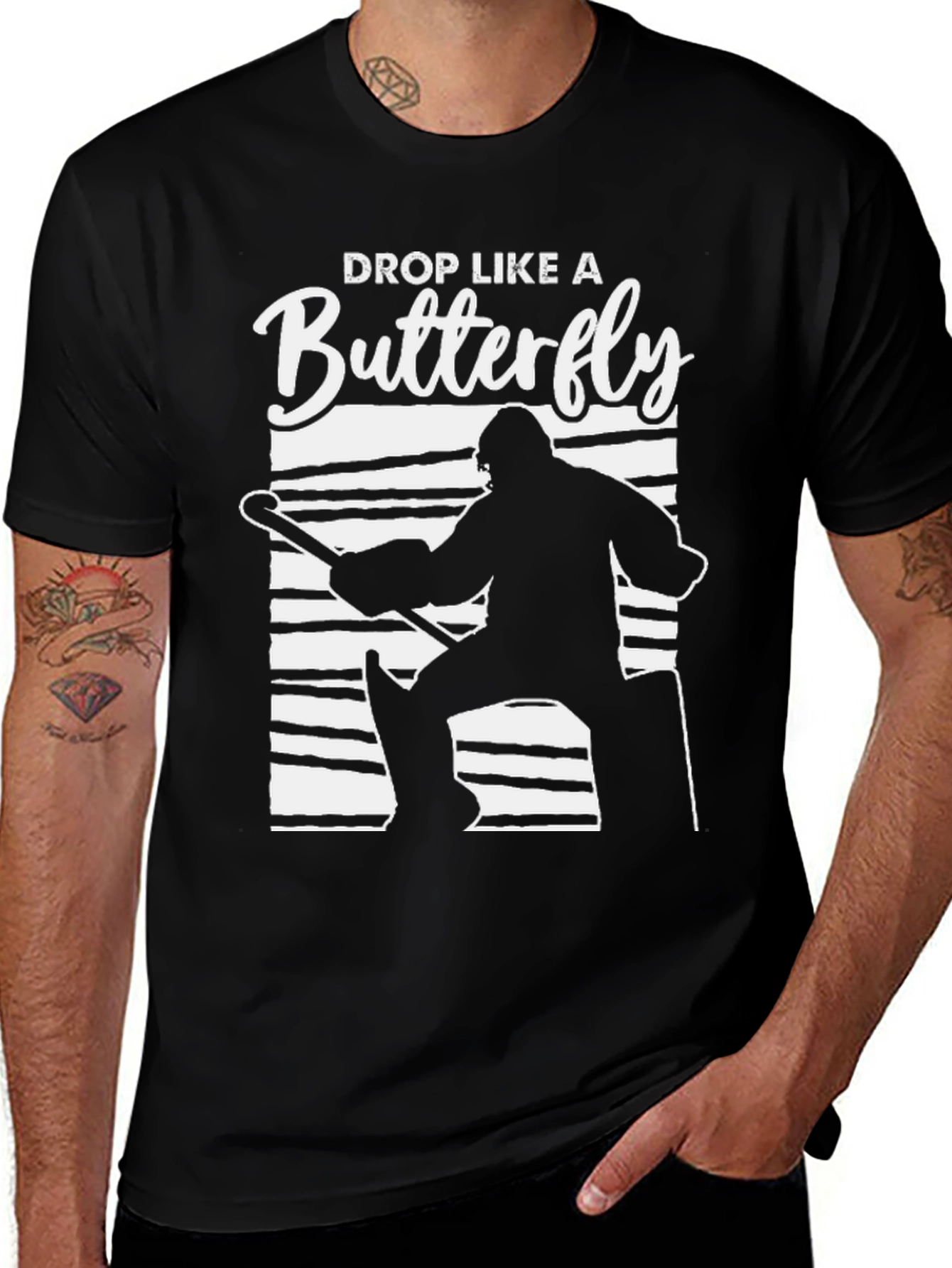 Variant 9 of Drop Like a Butterfly Hockey Goalie Black T-Shirt