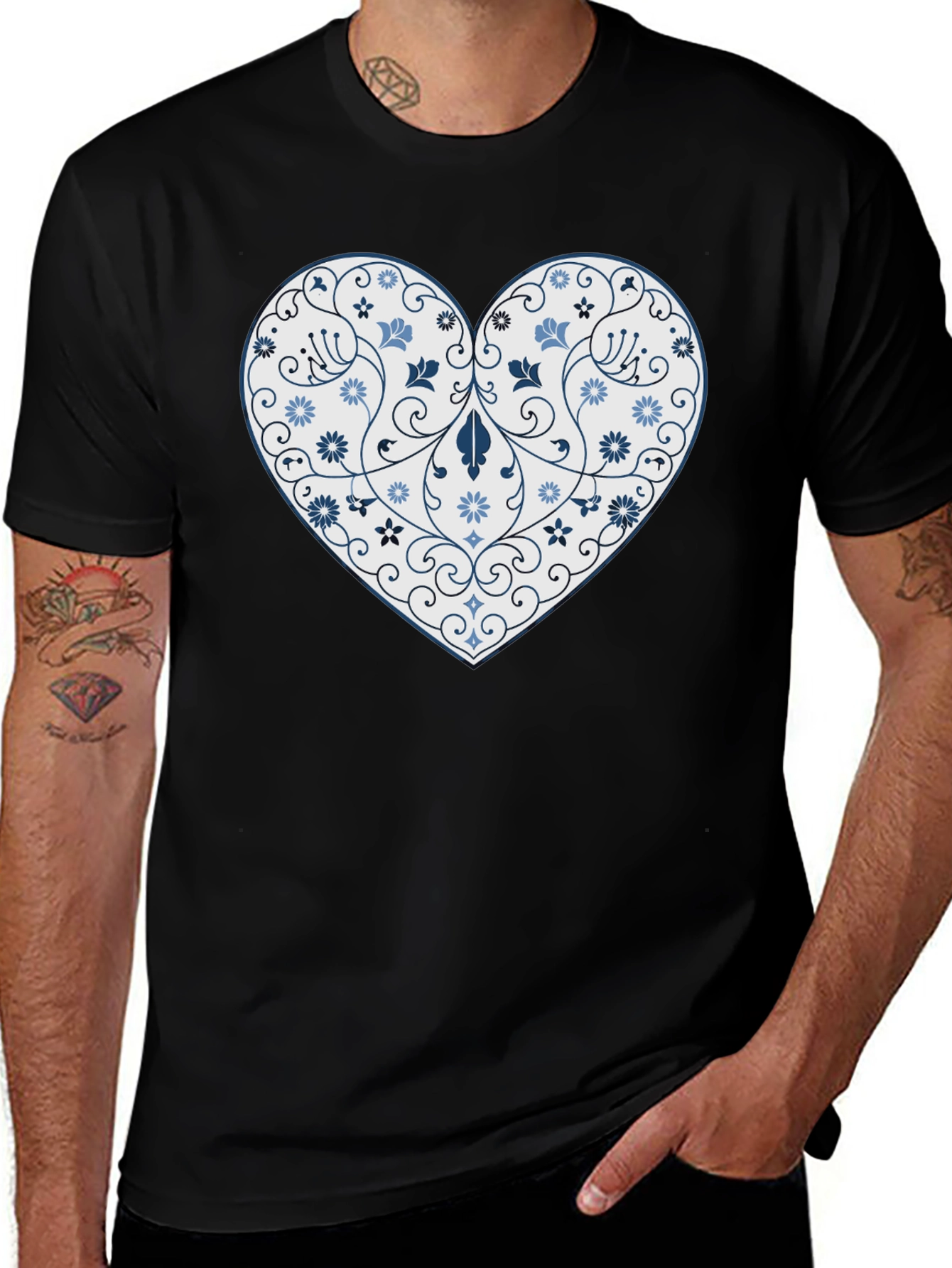 Variant 19 of Floral Heart Graphic Tee - Stylish Men's Black T-Shirt