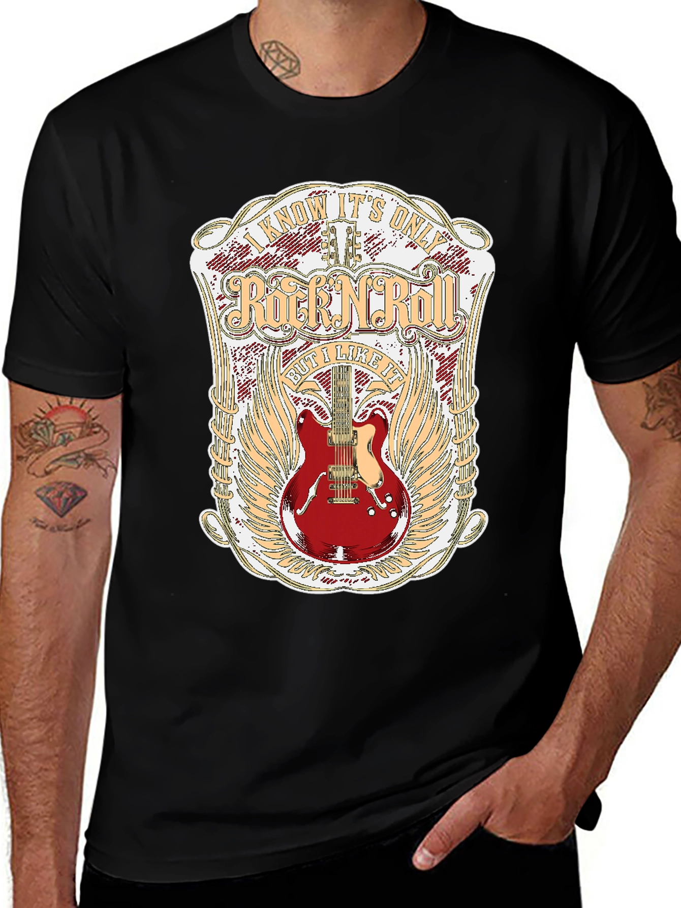 Variant 22 of Rock N' Roll Guitar Graphic Tee - Black Cotton Shirt