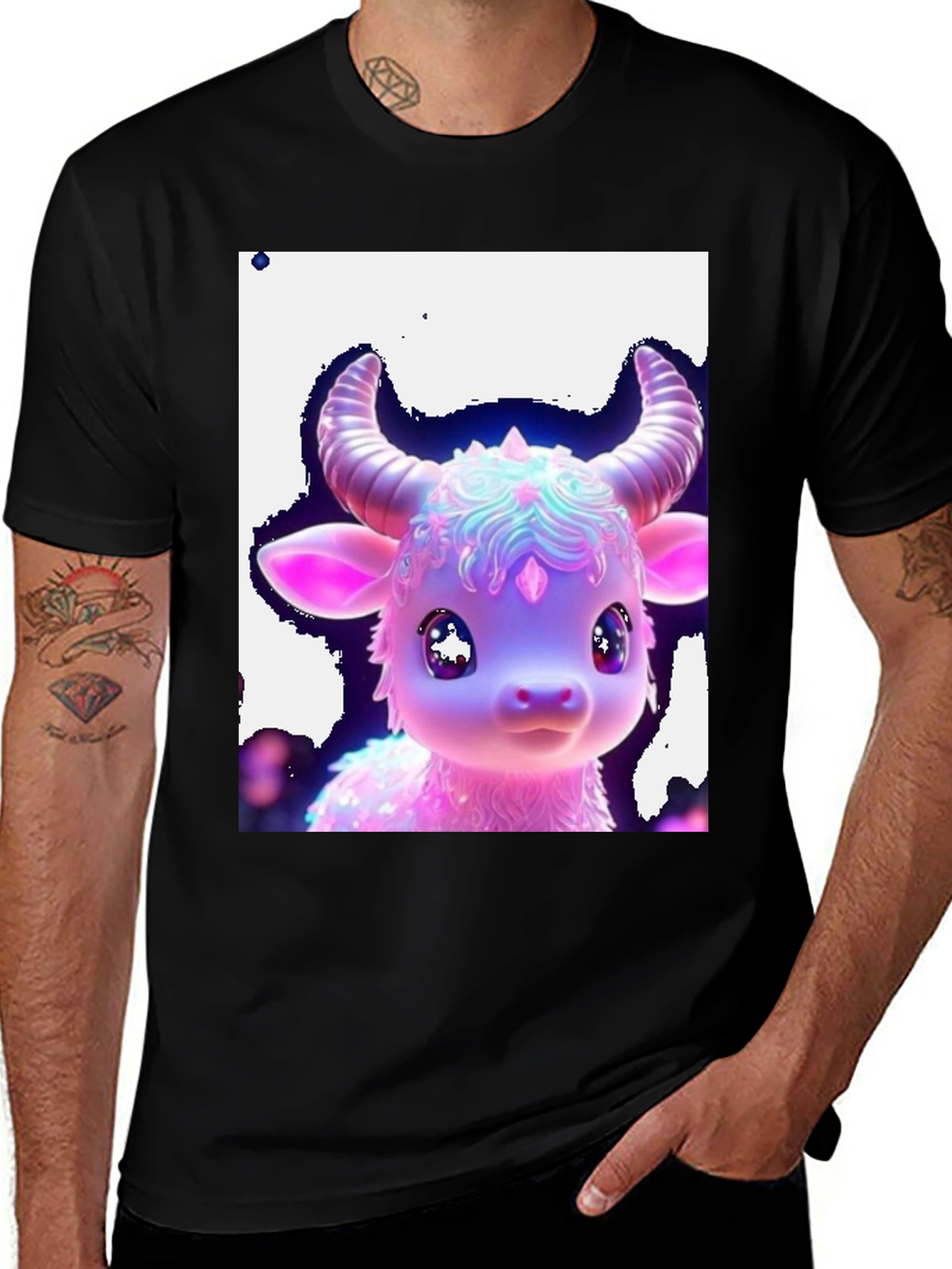 Variant 29 of Cute Neon Cow Graphic Tee - Black Cotton Shirt