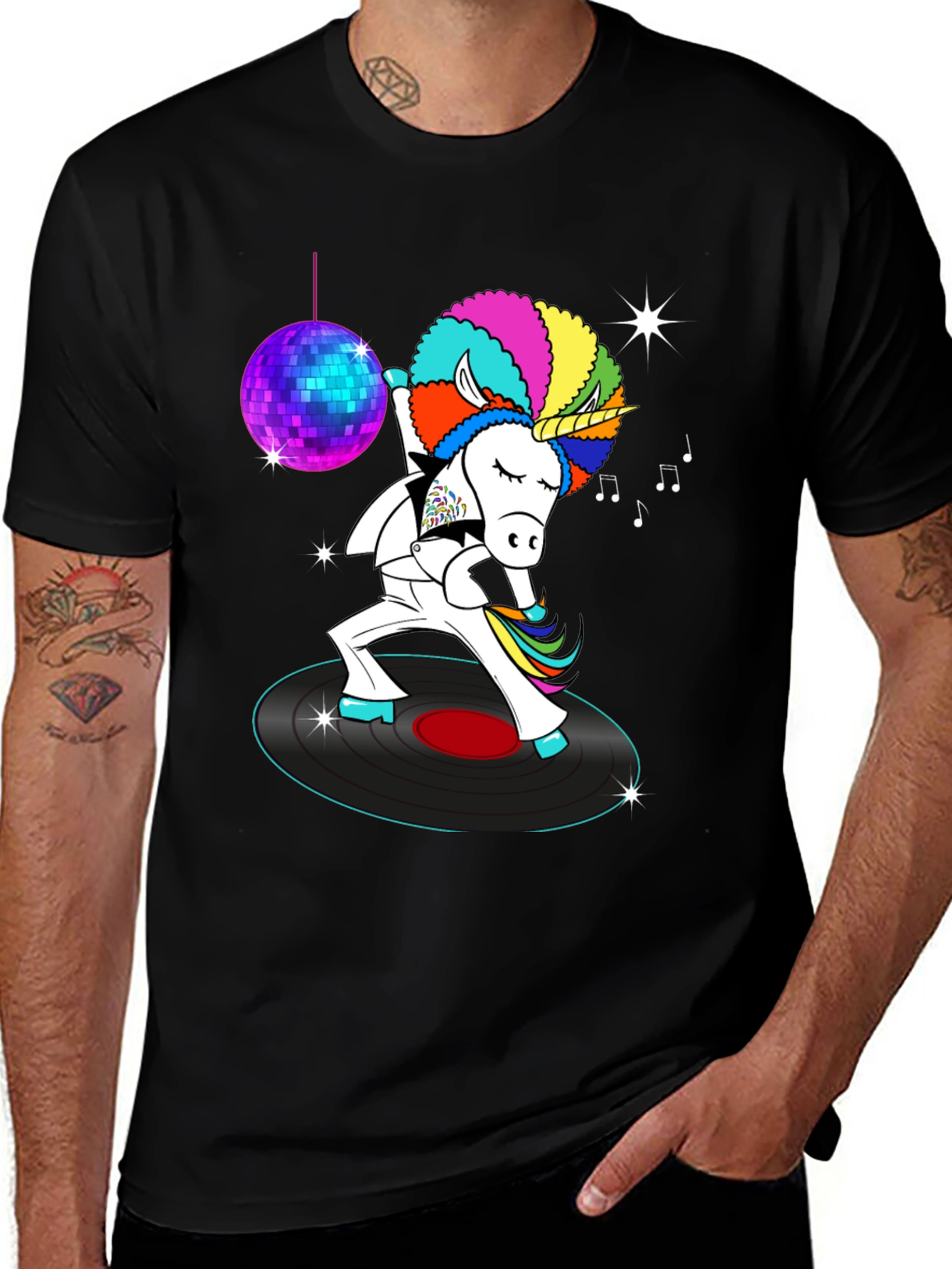 Black Disco Unicorn Graphic T-Shirt - Funky Dance Tee main image