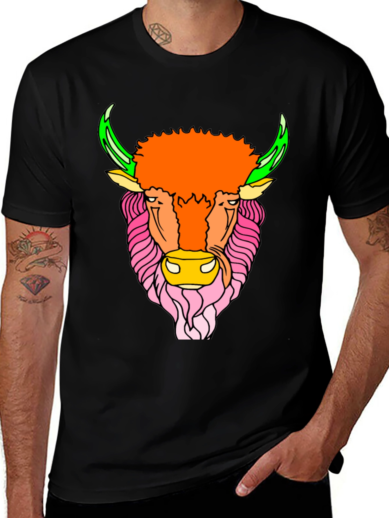 Variant 19 of Colorful Bison Graphic Tee - Soft Black Cotton Shirt