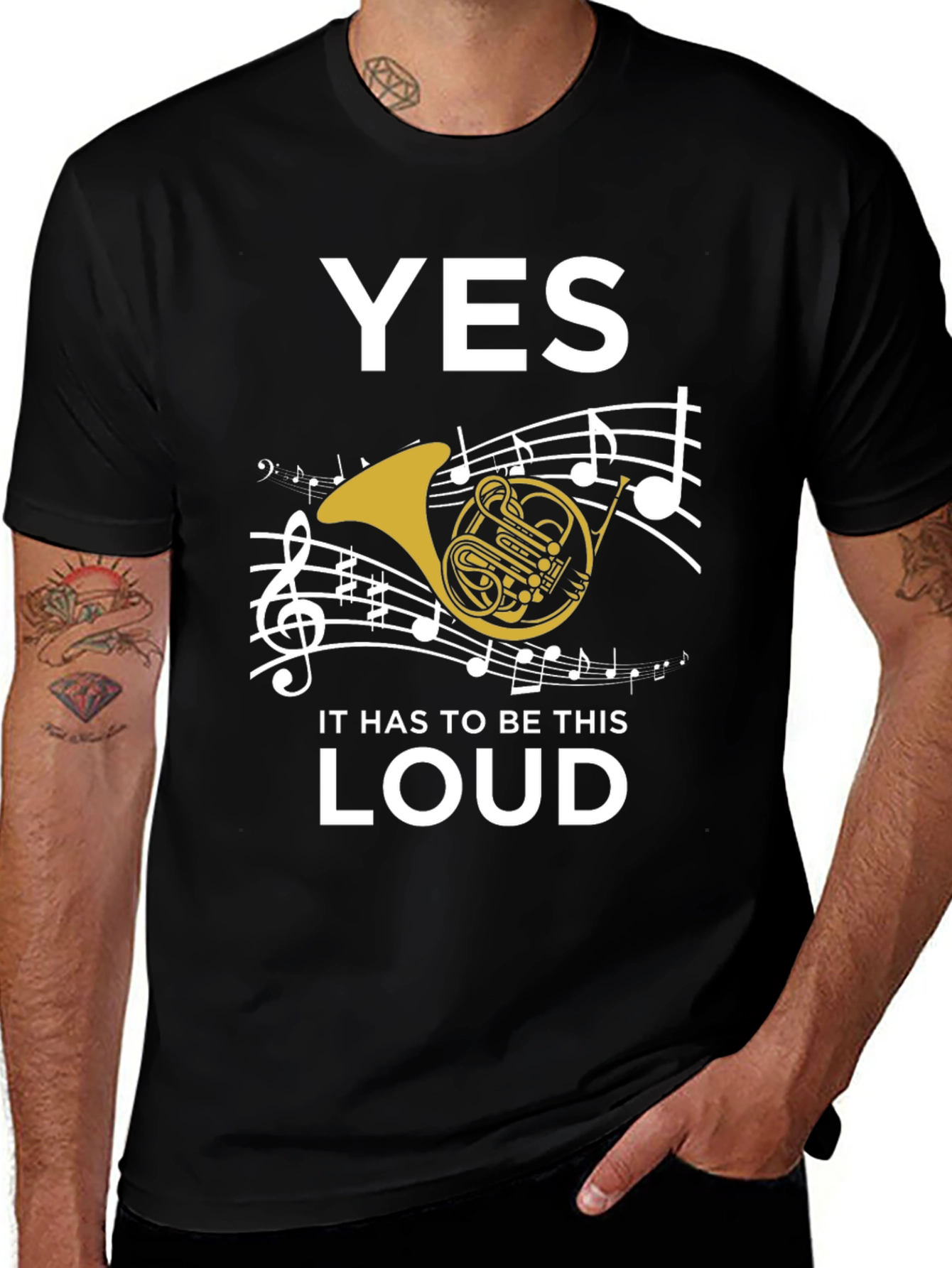 Black Funny French Horn Music T-Shirt main image