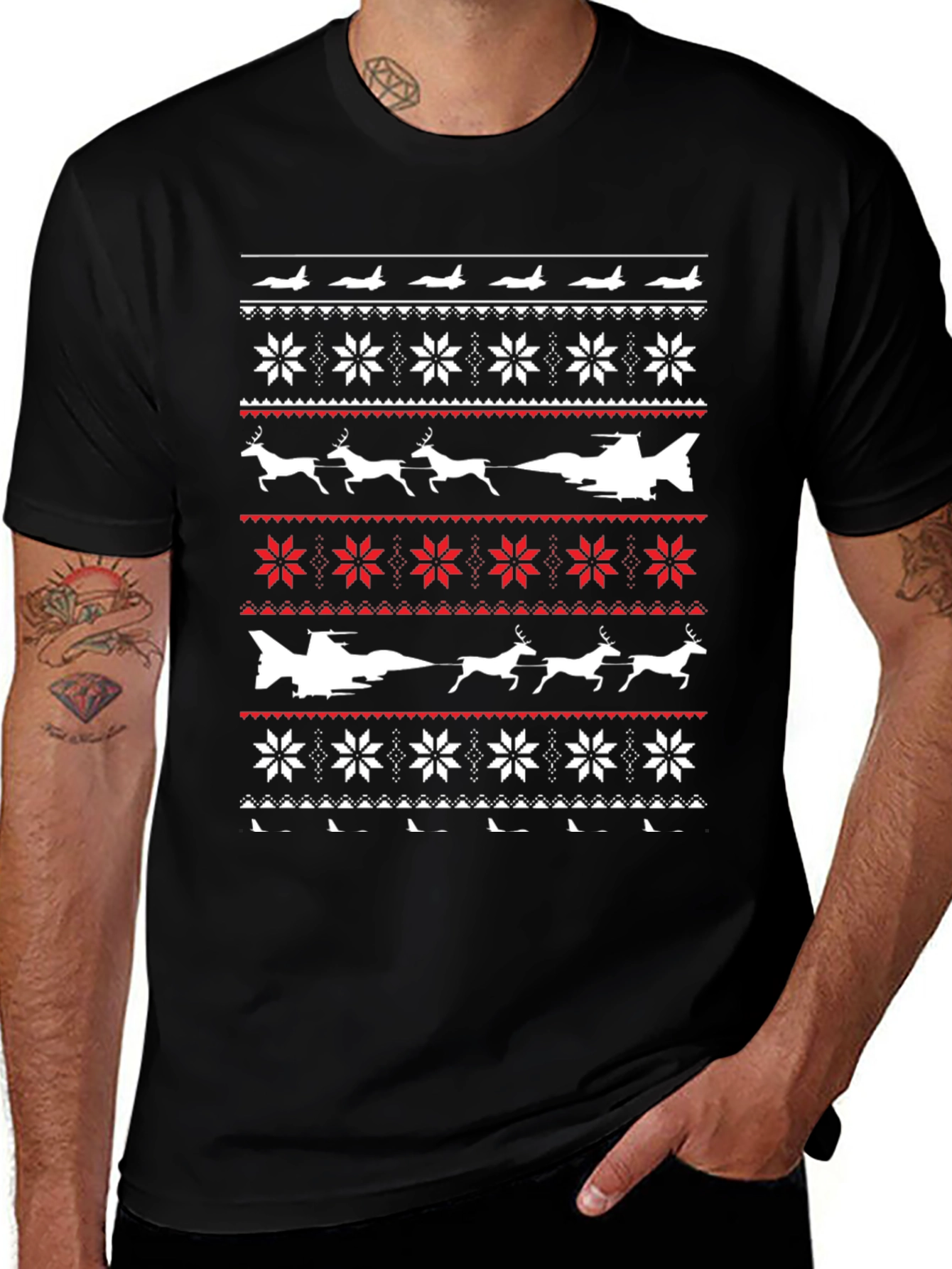 Novelty Ugly Christmas Sweater Style Plane T-Shirt