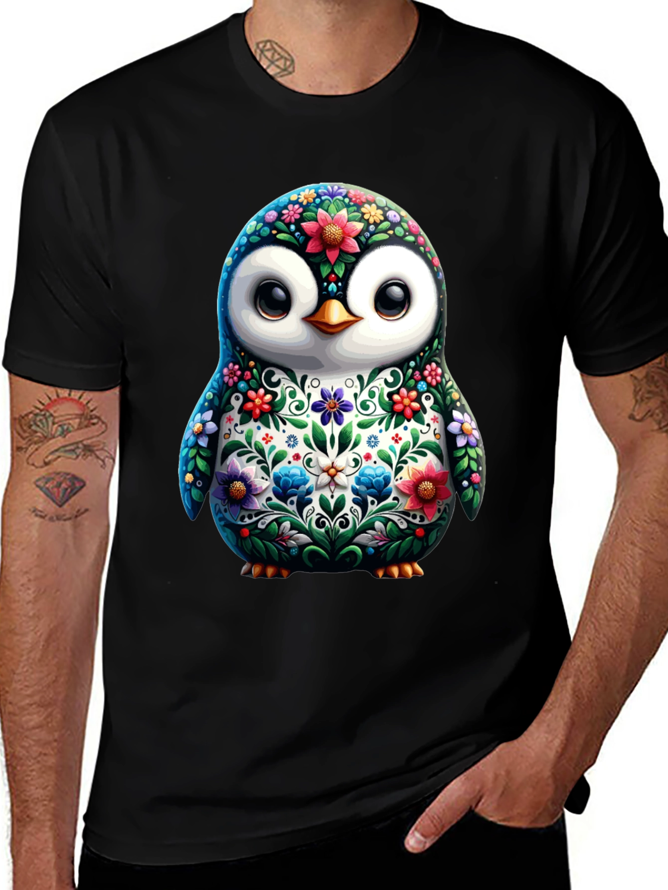 Variant 13 of Floral Penguin Graphic Tee - Black Cotton T-Shirt