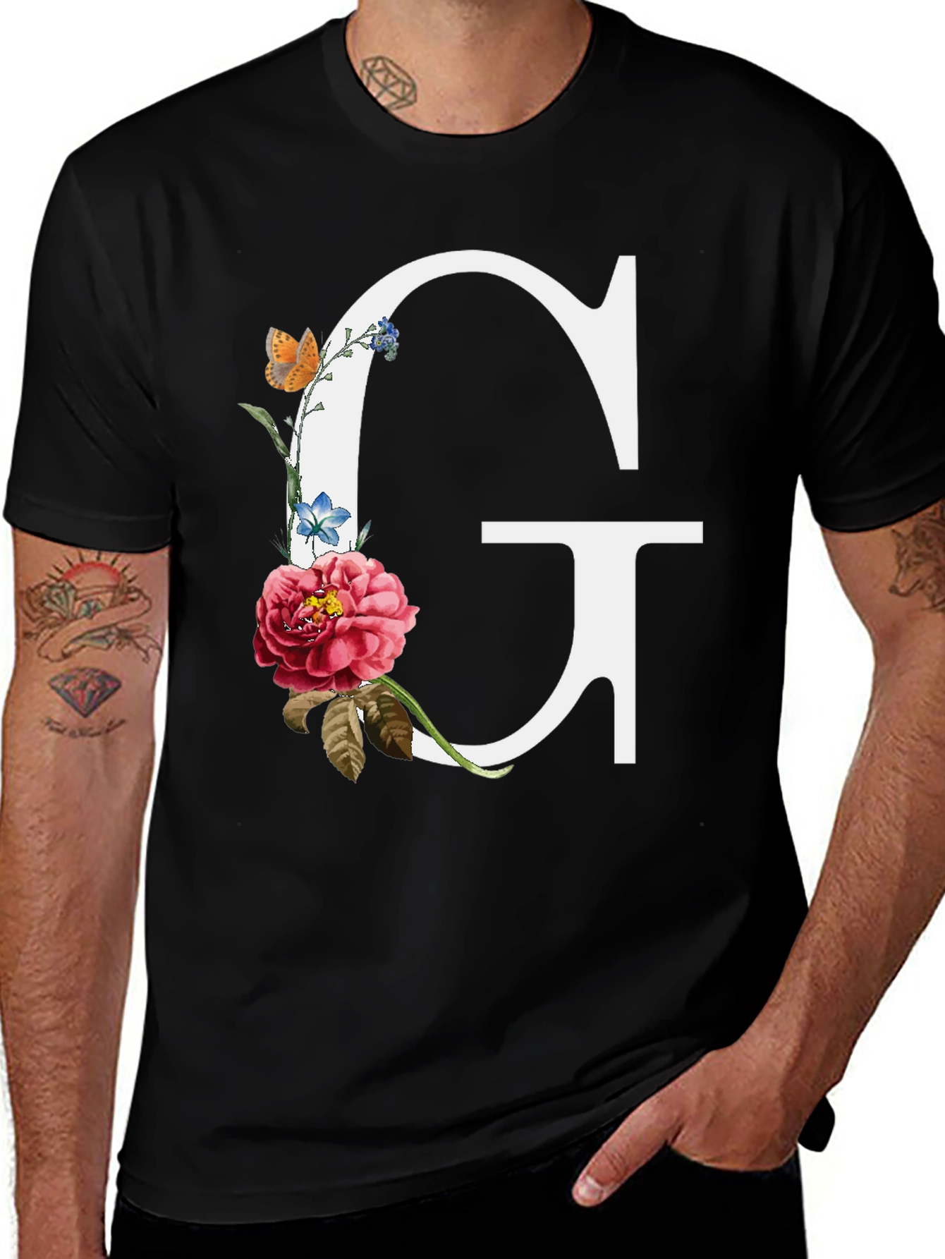 Variant 27 of Floral Letter G Graphic Tee - Black