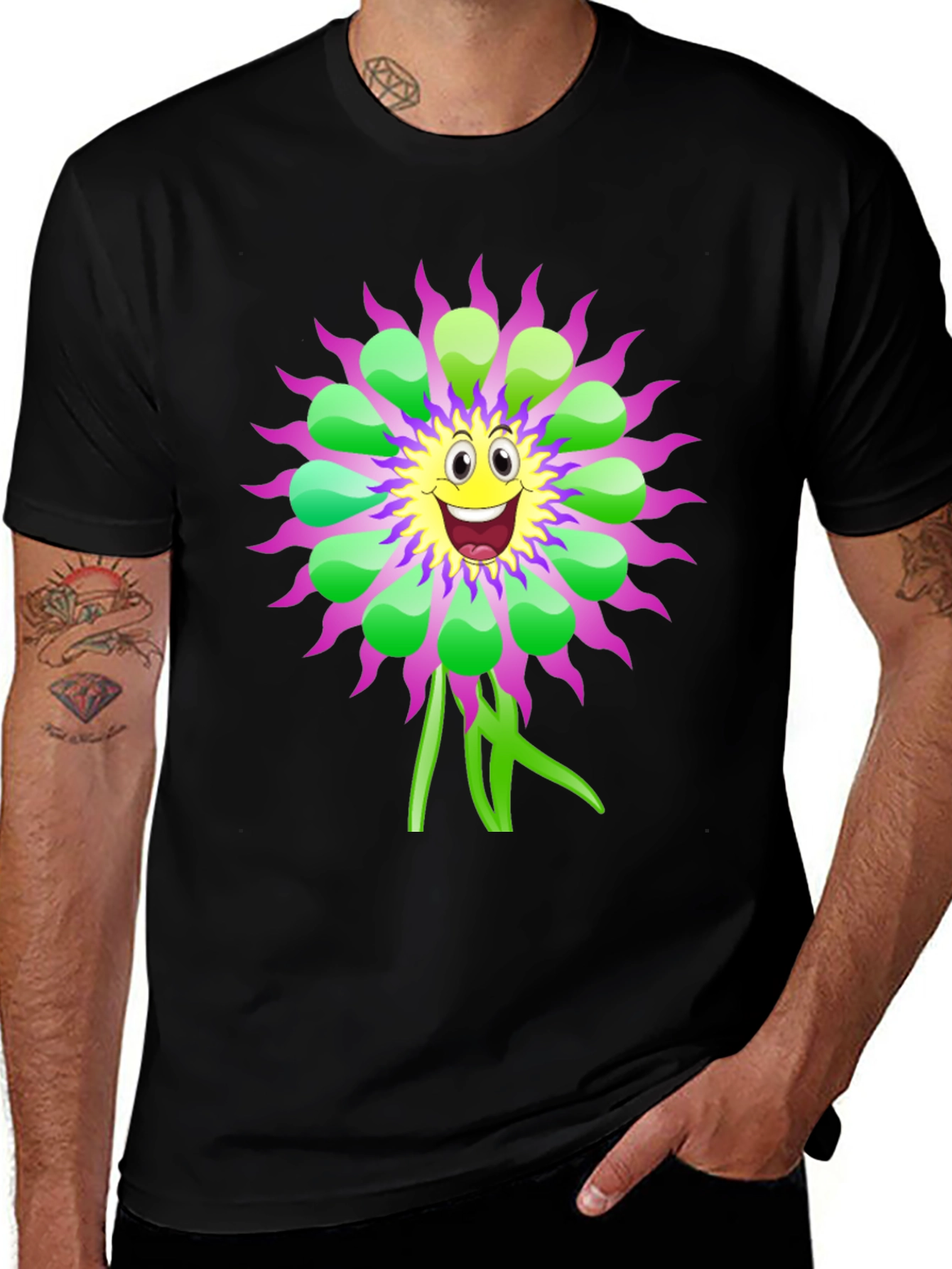 Variant 24 of Whimsical Flower Graphic Tee - Black Cotton T-Shirt