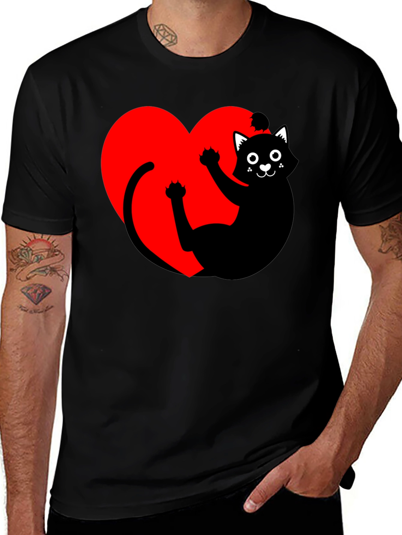 Variant 26 of Black Cat Heart Graphic Tee - Cute Men's T-Shirt