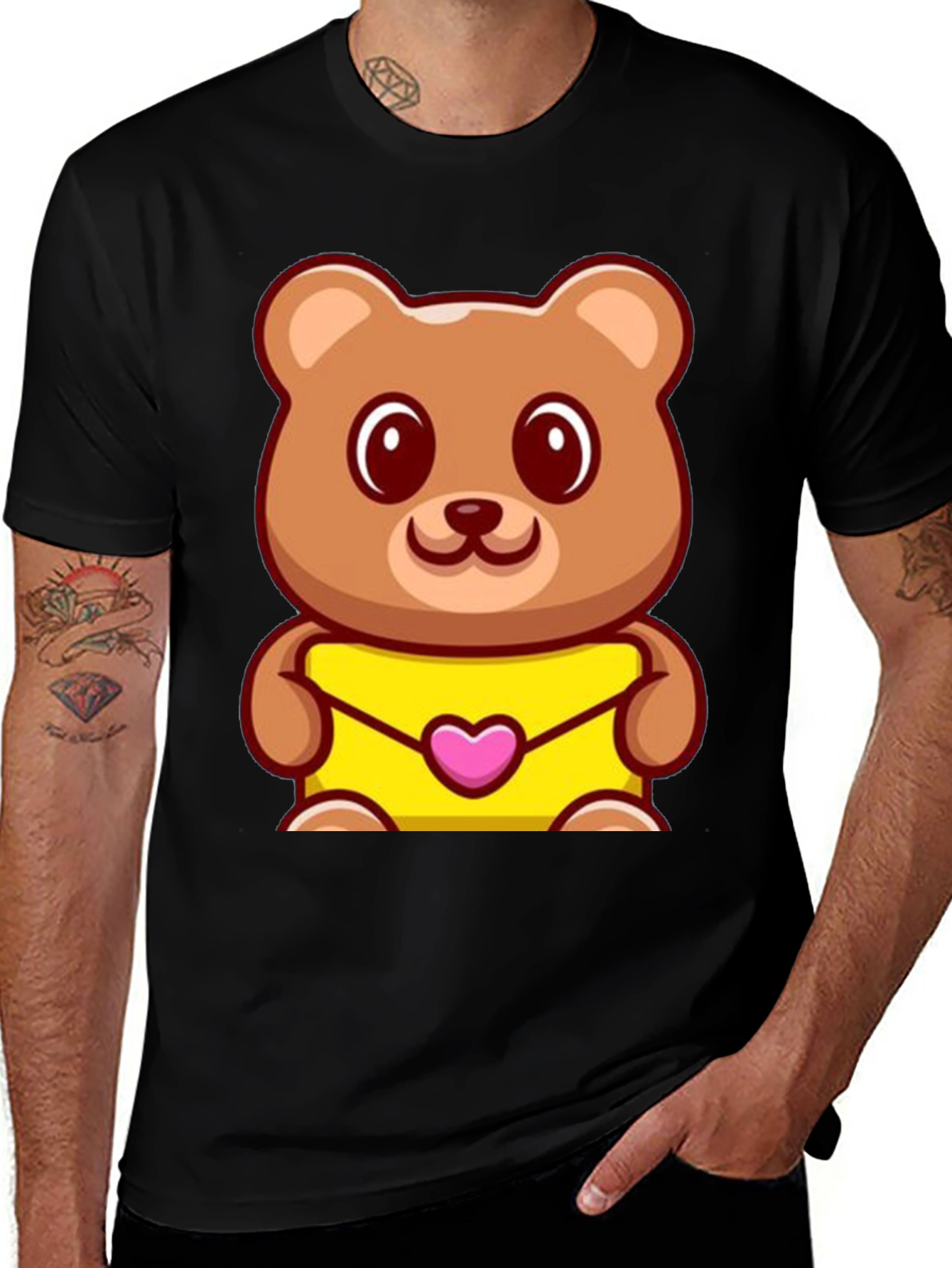 Variant 15 of Cute Teddy Bear Holding Heart Envelope Black T-Shirt