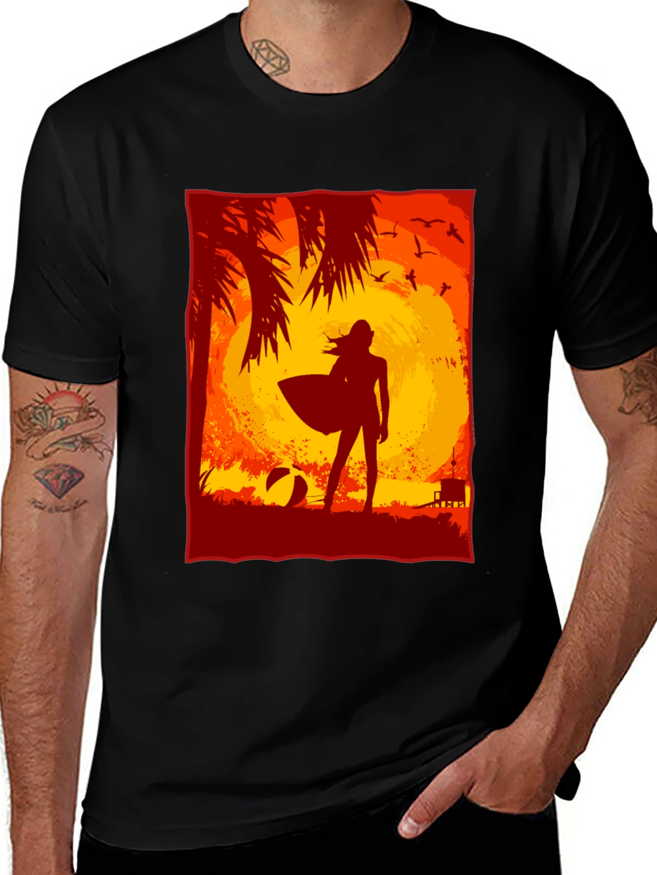 Sunset Surfer Graphic Tee - Black Cotton T-Shirt