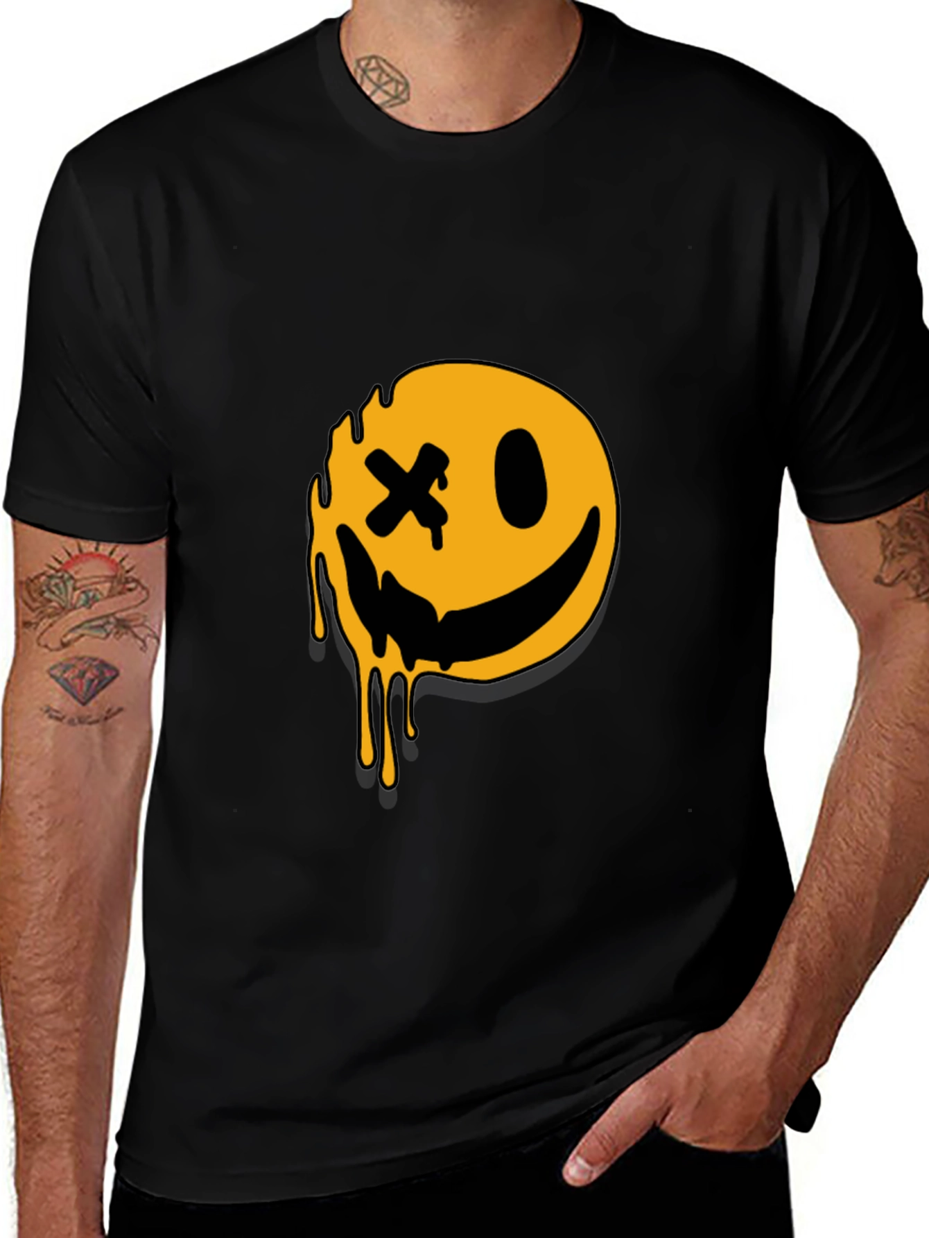 Dripping Smiley Face Graphic T-Shirt - Black