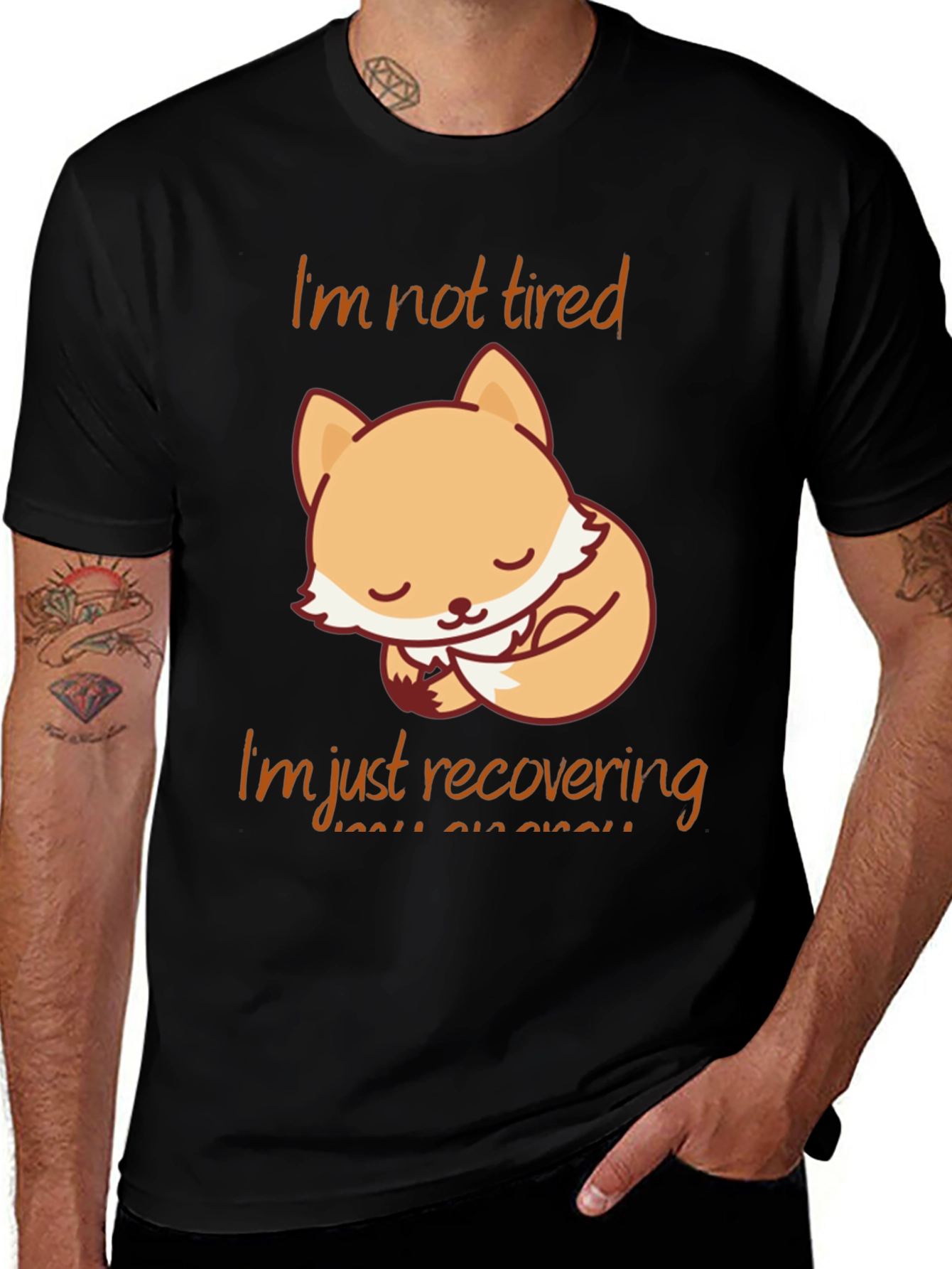 Black Cute Fox "I'm Not Tired" Graphic T-Shirt main image