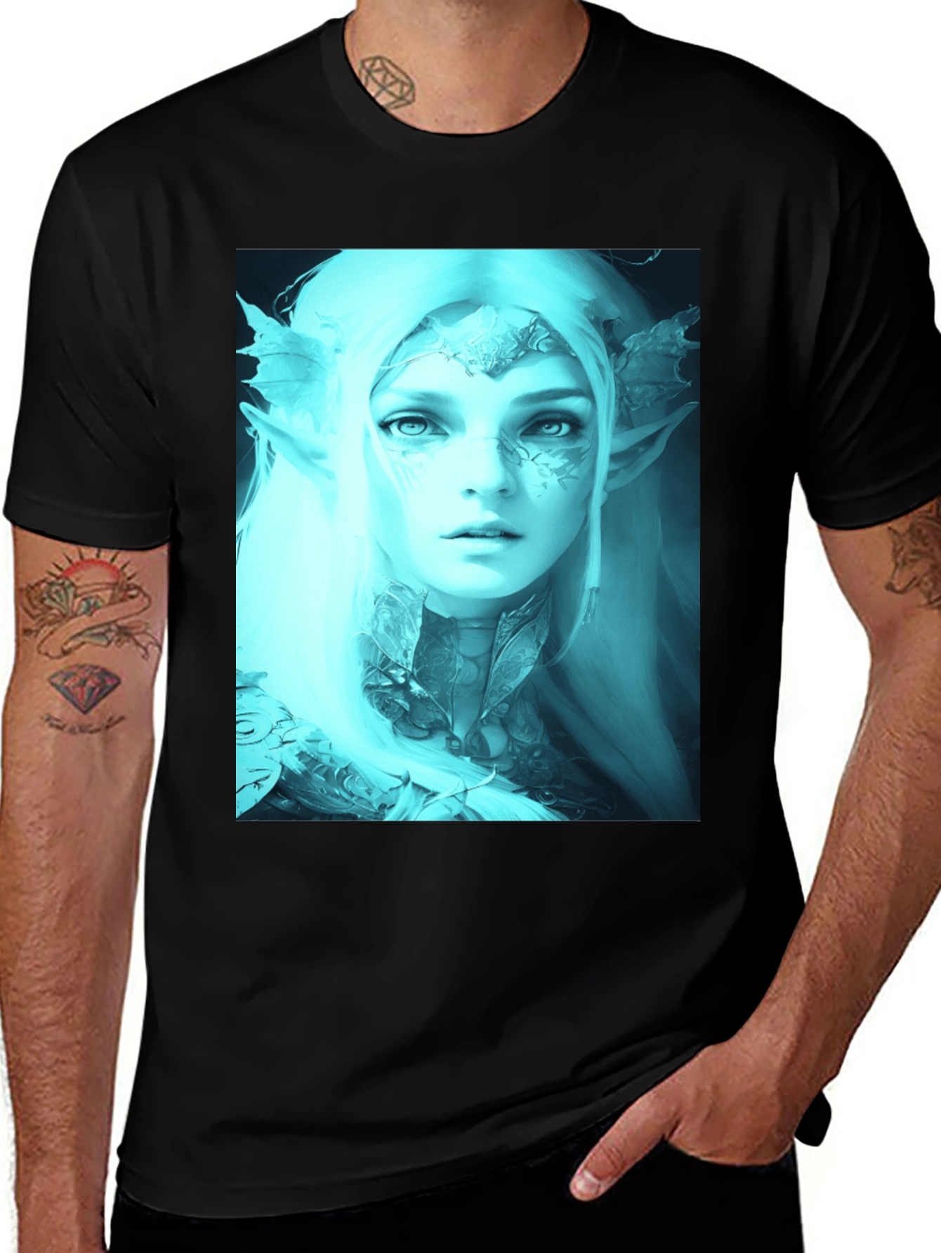 Variant 29 of Fantasy Elf Graphic Tee - Men's Black T-Shirt