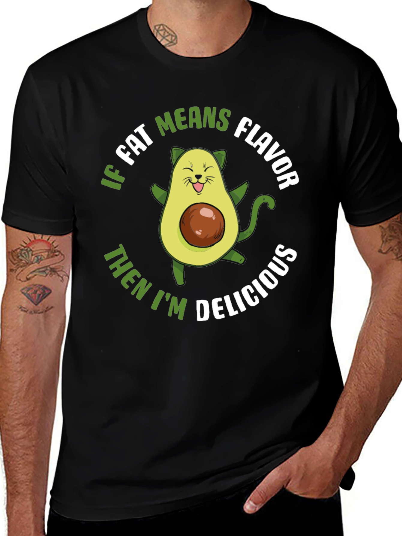 Variant 20 of Avocado Cat Funny T-Shirt: Fat Means Flavor, Delicious!