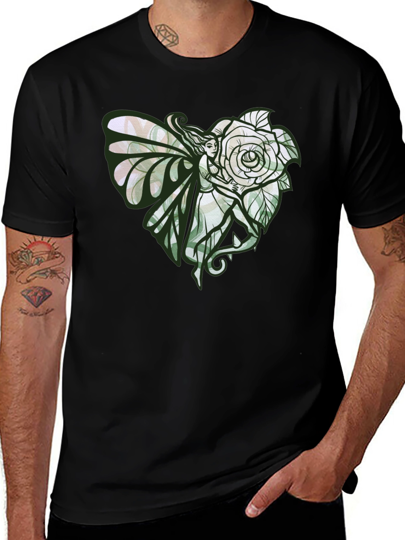 Variant 8 of Fairy and Rose Heart Graphic Tee - Black
