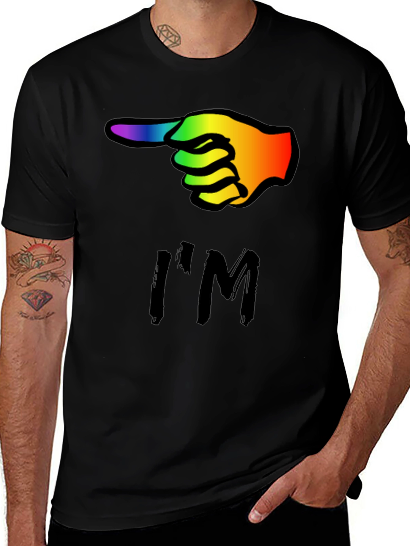 Variant 7 of Rainbow Finger Pointing T-Shirt - Black Cotton Tee