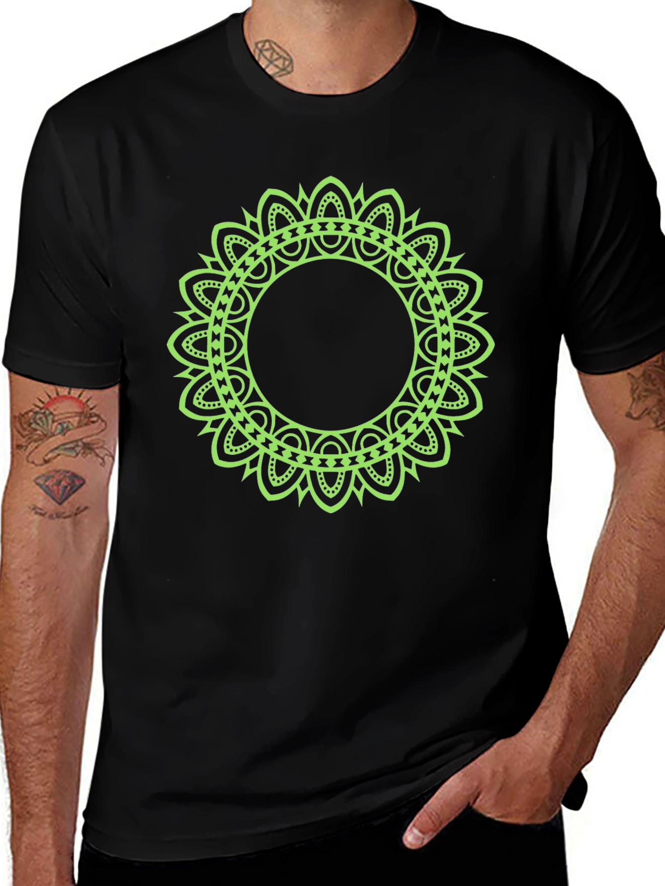 Variant 8 of Men's Black T-Shirt with Green Mandala Design