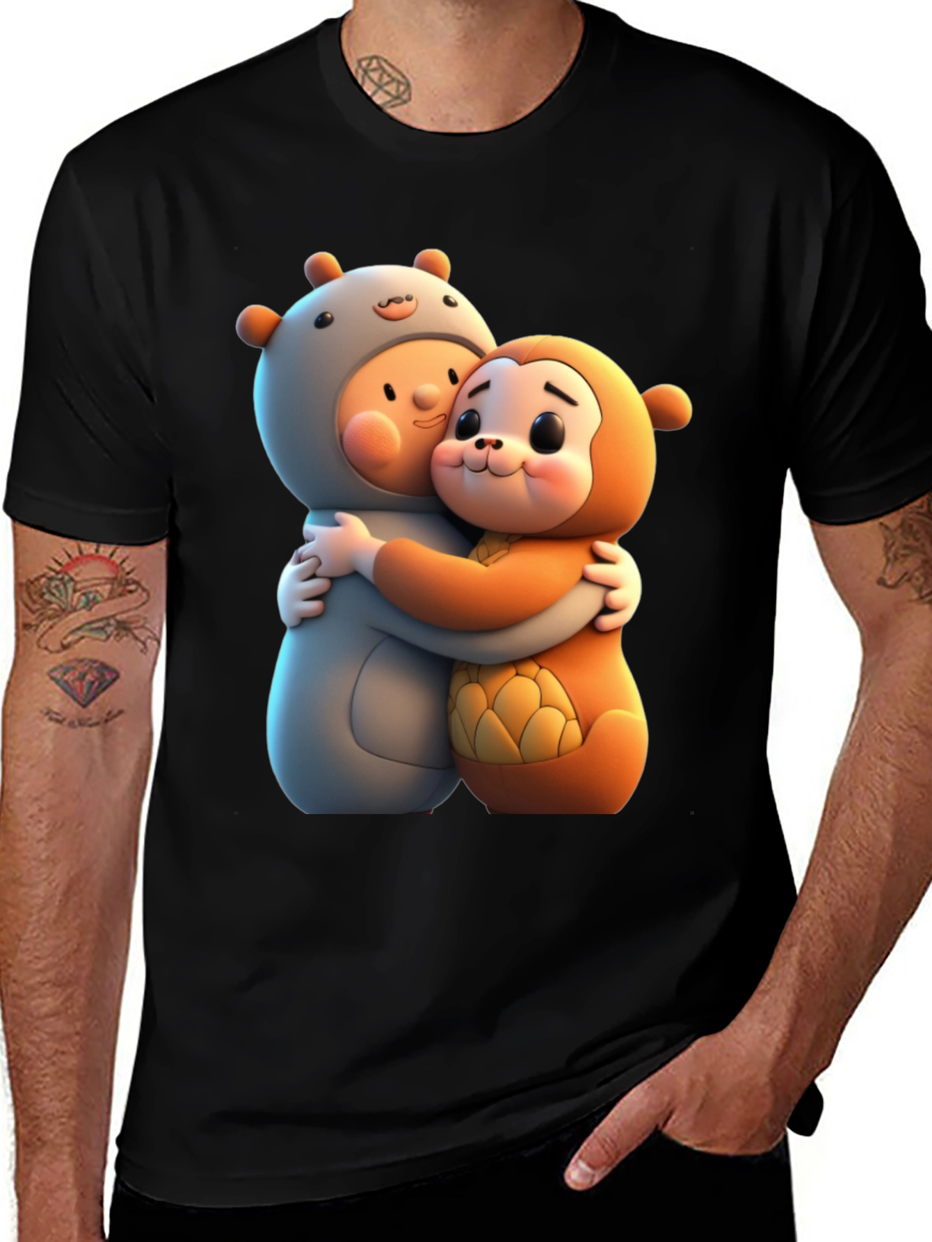 Black Cute Cartoon Character Hug Graphic Tee main image