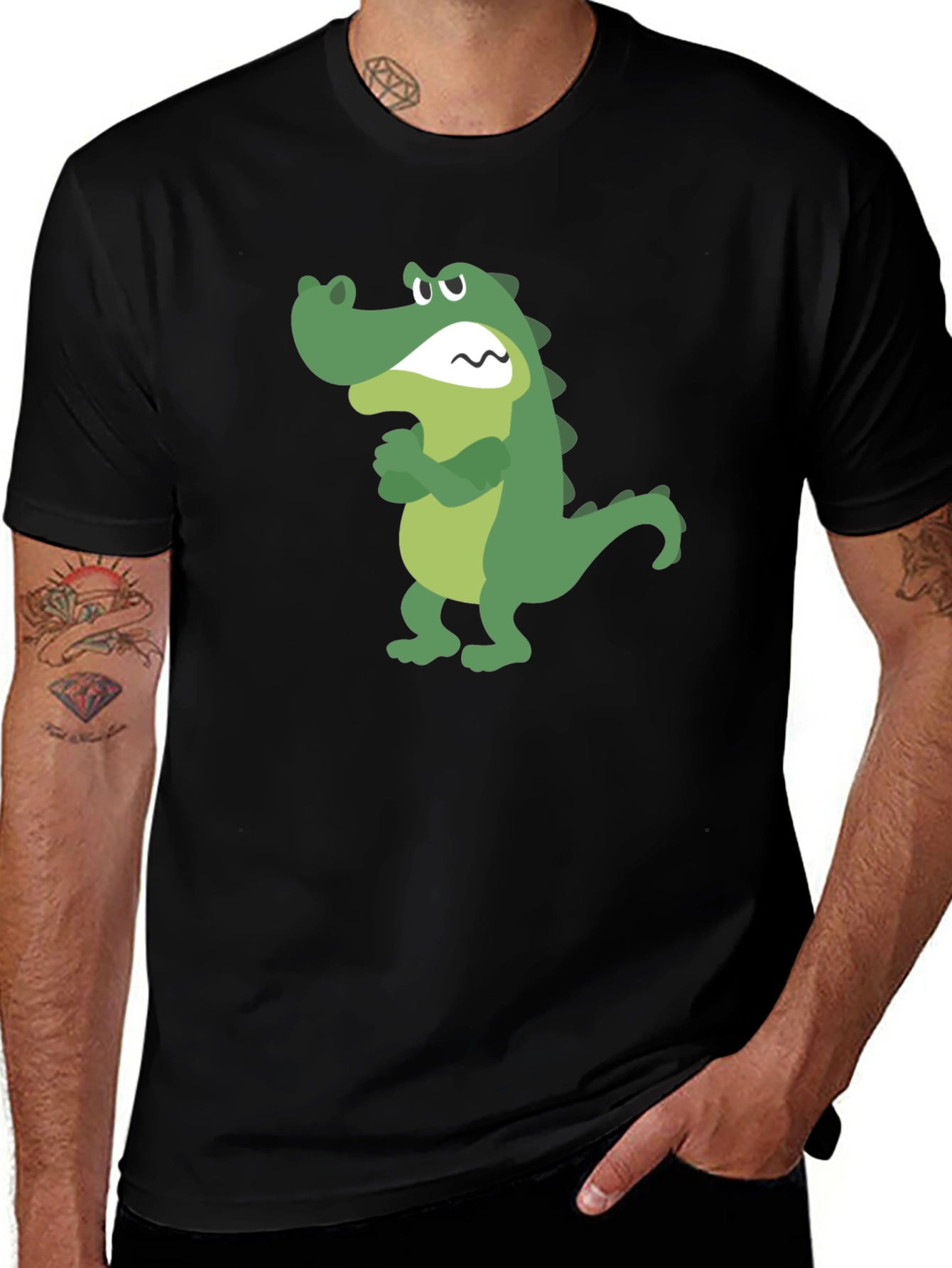 Variant 6 of Cartoon Alligator Graphic Tee - Black Cotton T-Shirt