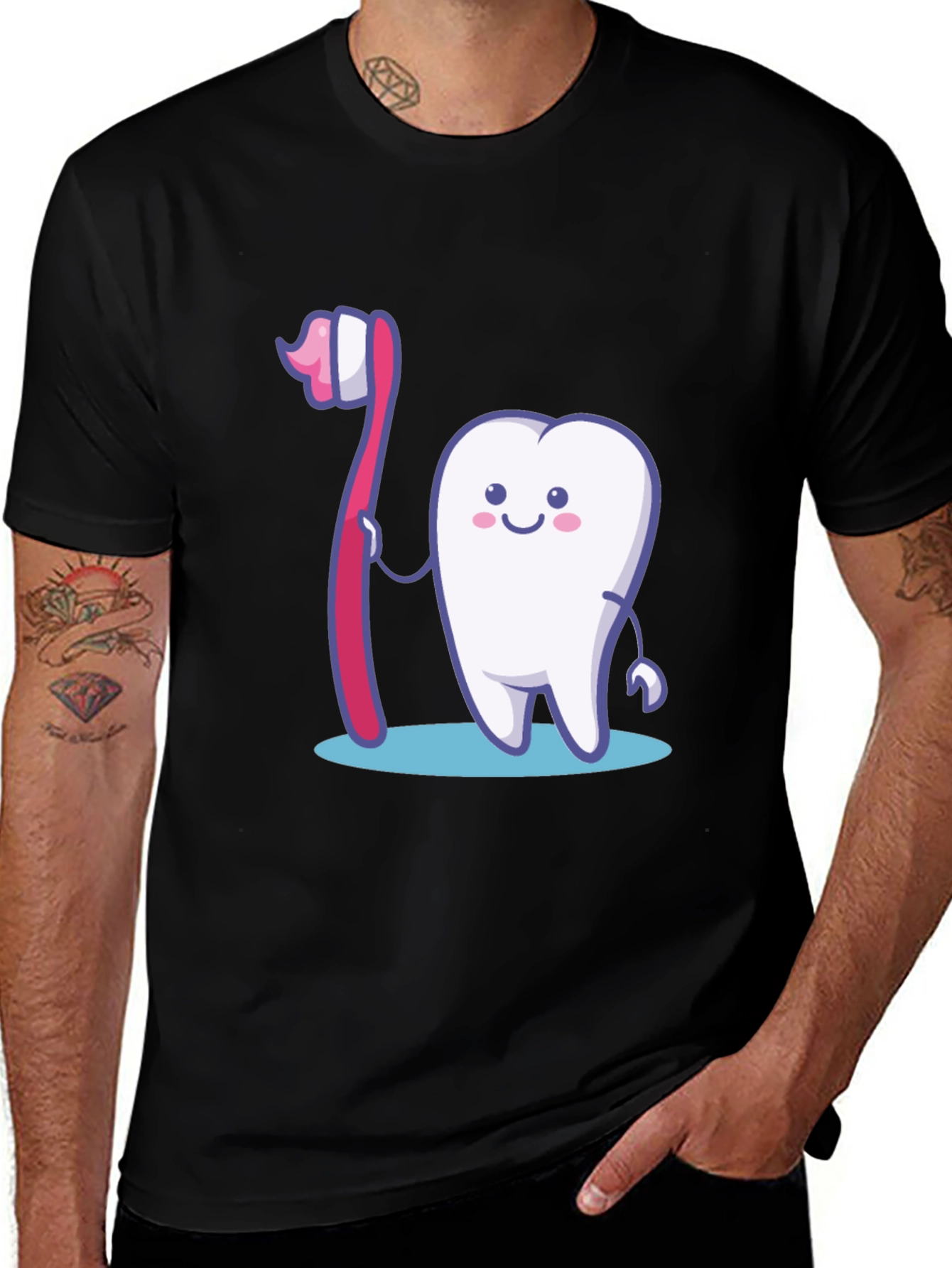 Cartoon Tooth & Brush Graphic Tee - Dental Health Shirt