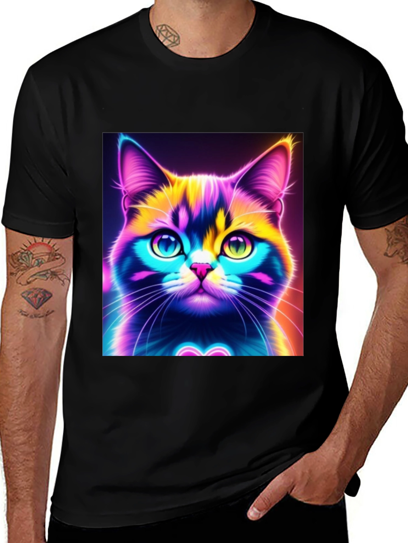 Neon Cat Graphic Tee - Stylish Black T-Shirt