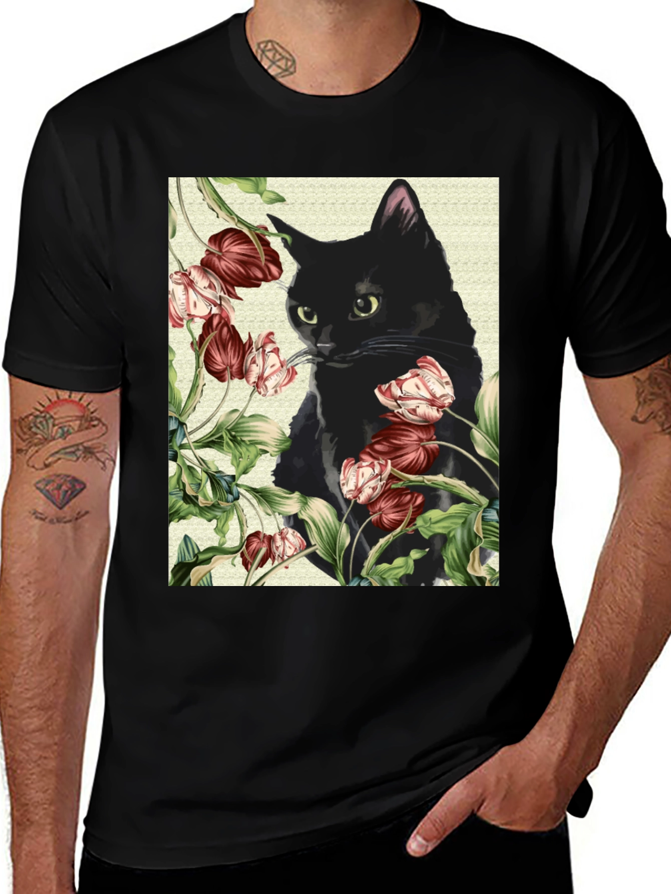 Variant 6 of Black Cat Floral Graphic Tee - Unique Design