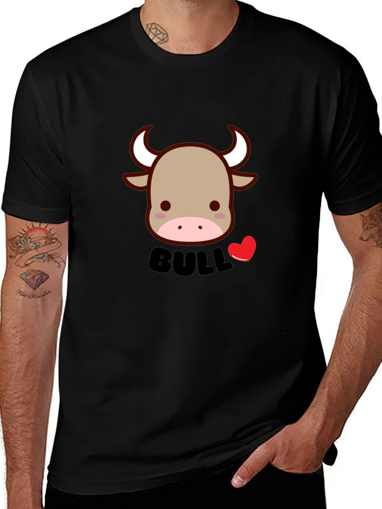Cute Bull Graphic Tee - Black Cotton Blend T-Shirt