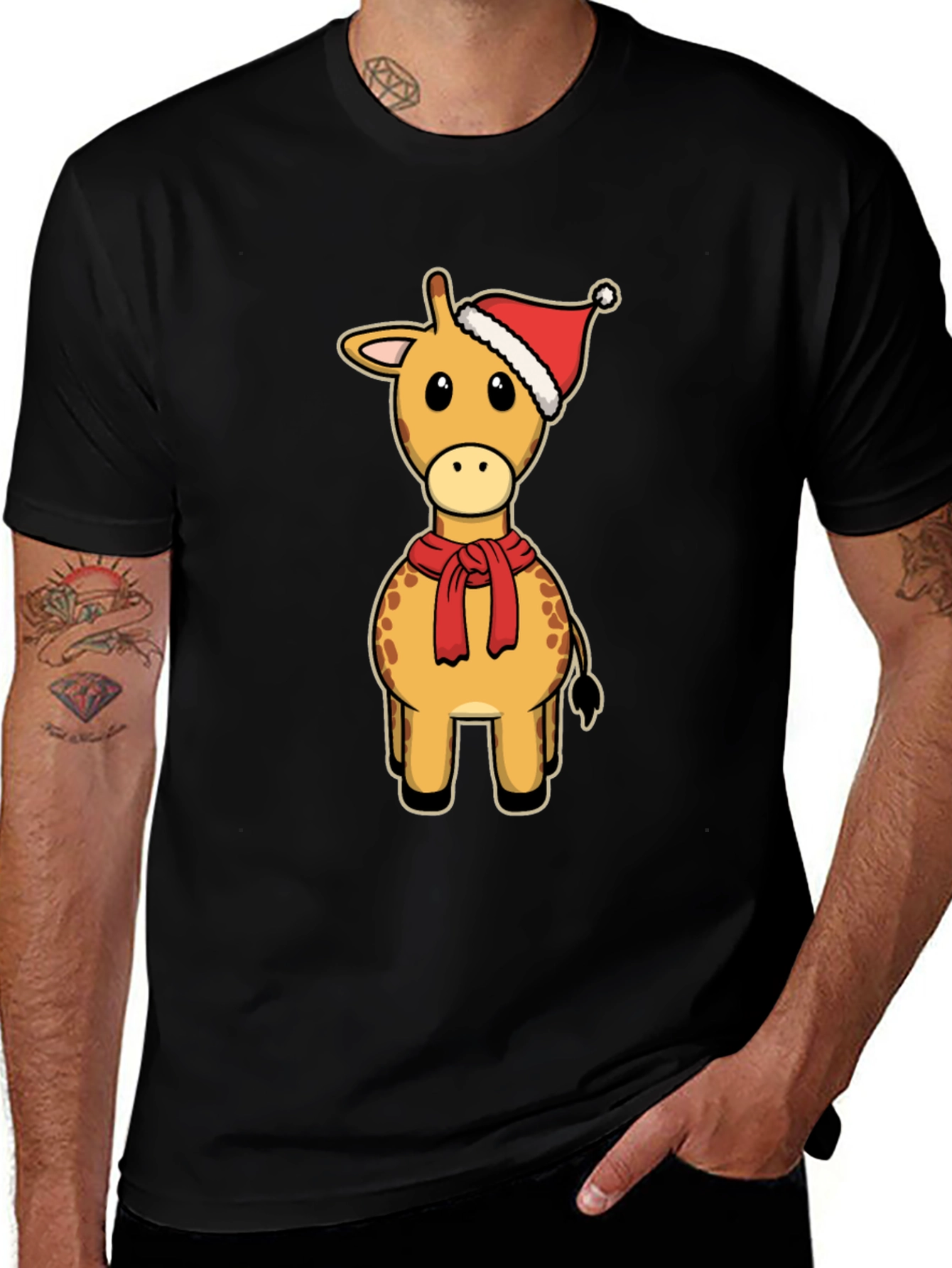 Festive Giraffe Tee: Christmas Holiday Cartoon Style