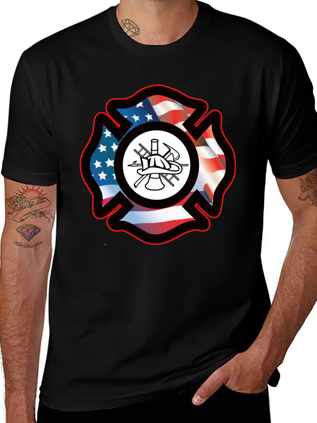 Variant 19 of Firefighter Maltese Cross USA Flag T-Shirt