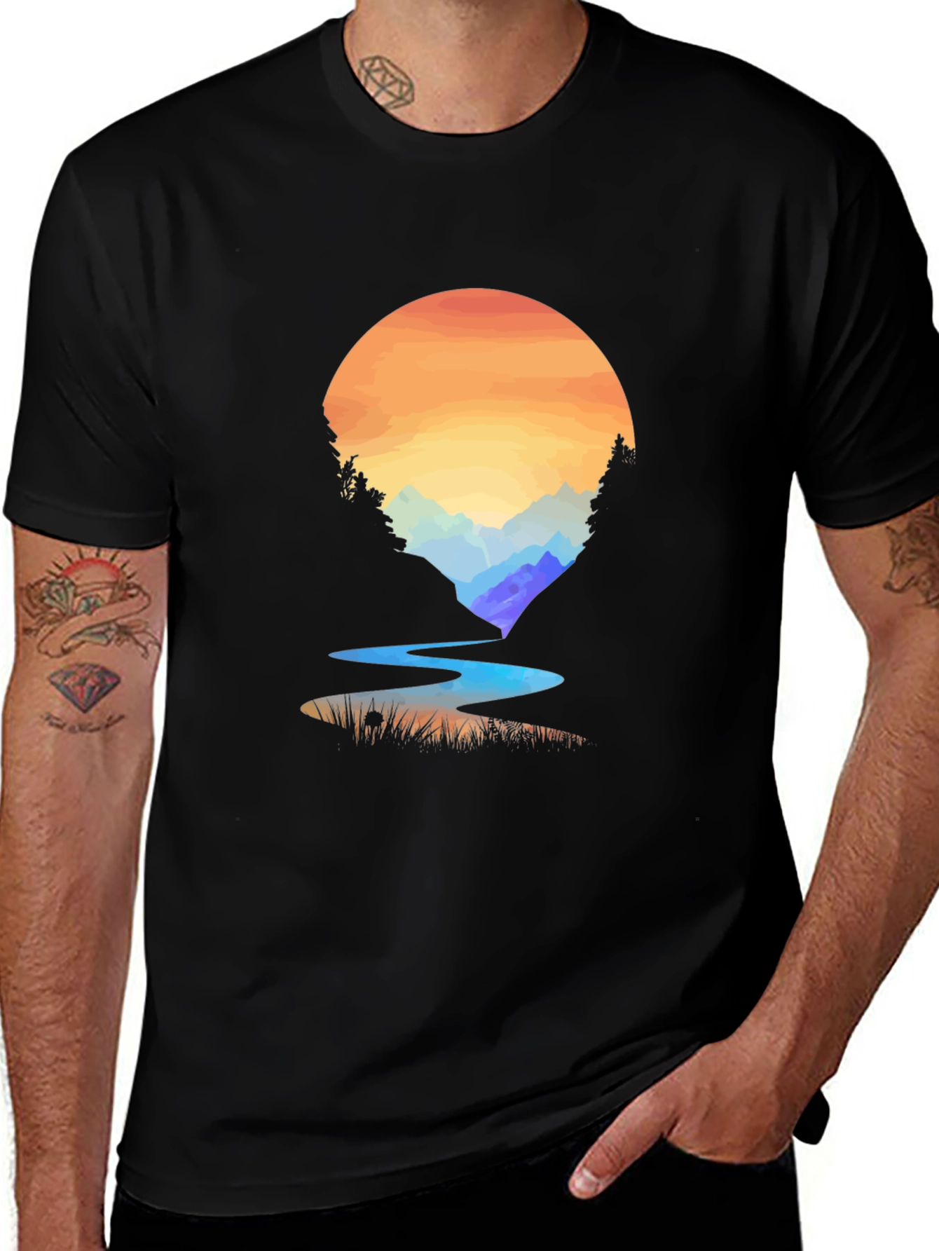 Variant 20 of Sunset River Graphic T-Shirt - Nature Inspired Design