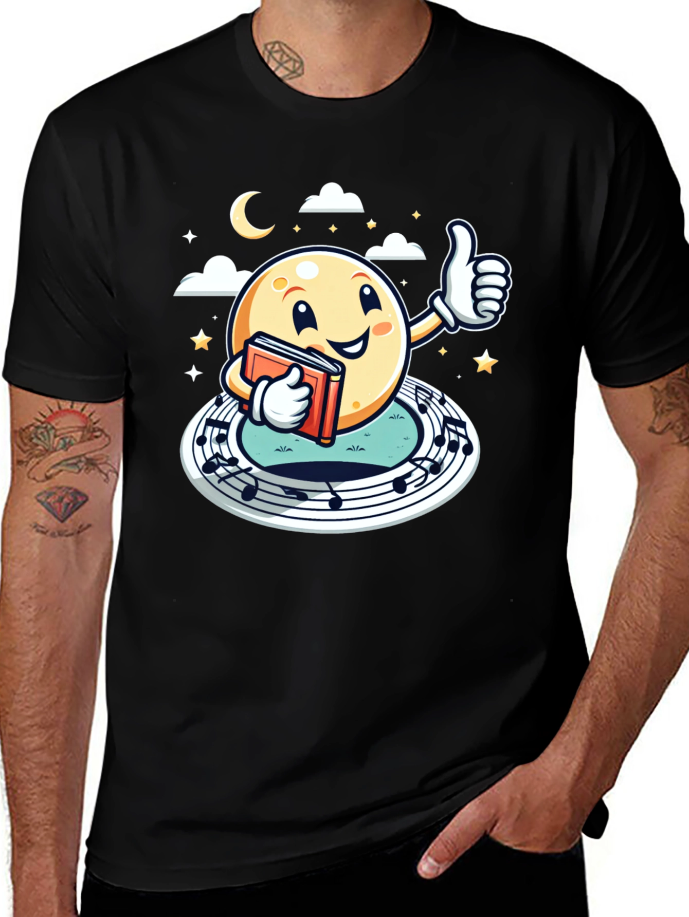 Variant 2 of Cartoon Moon Music & Reading Black T-Shirt