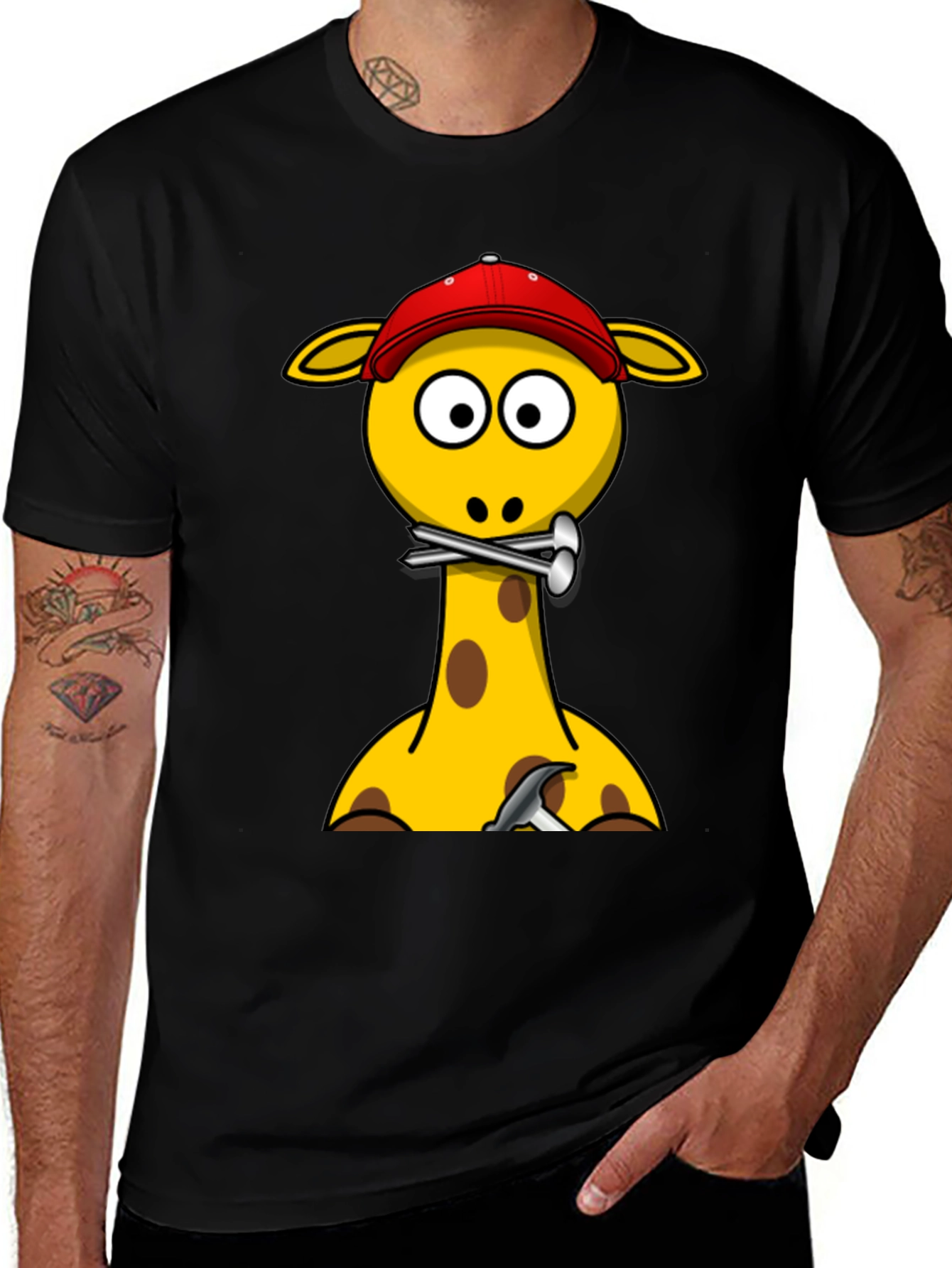 Variant 8 of Giraffe Builder T-Shirt - Cartoon Animal Crew Neck Tee