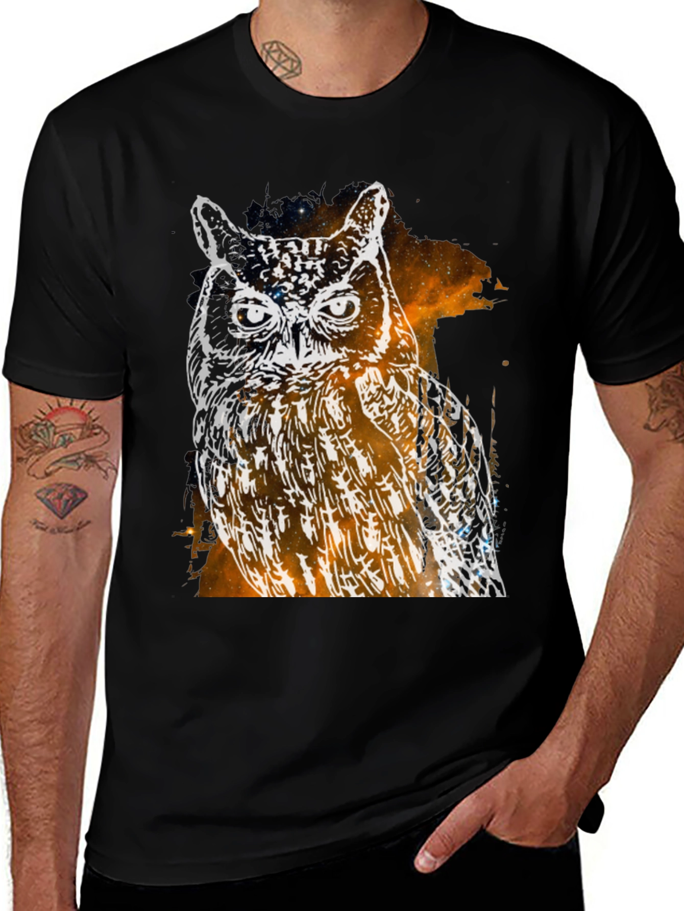 Variant 25 of Galaxy Owl Graphic Print Black T-Shirt