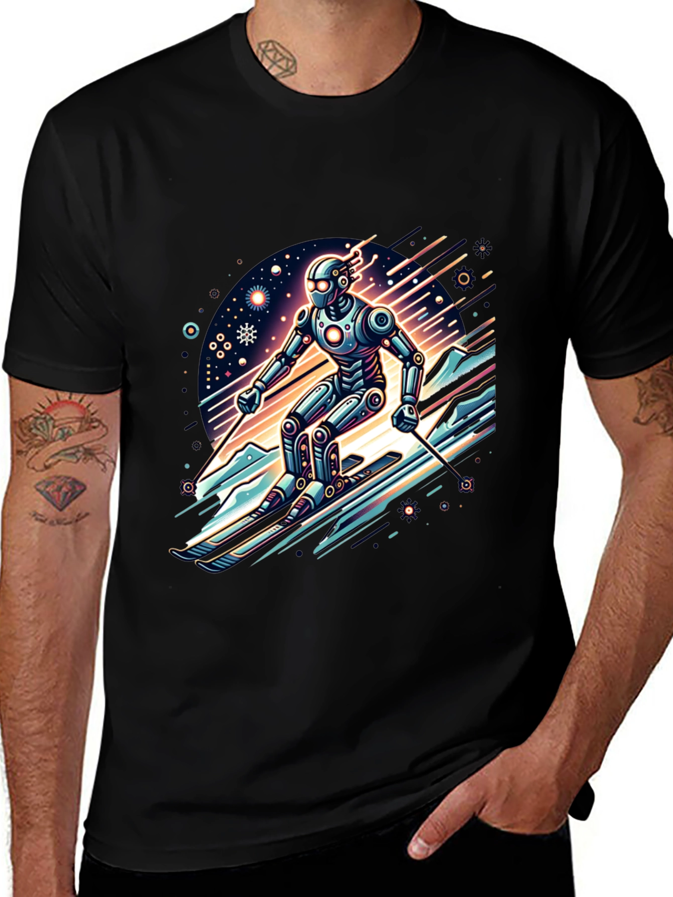 Variant 16 of Robot Skier Graphic Tee - Cool Sci-Fi Design
