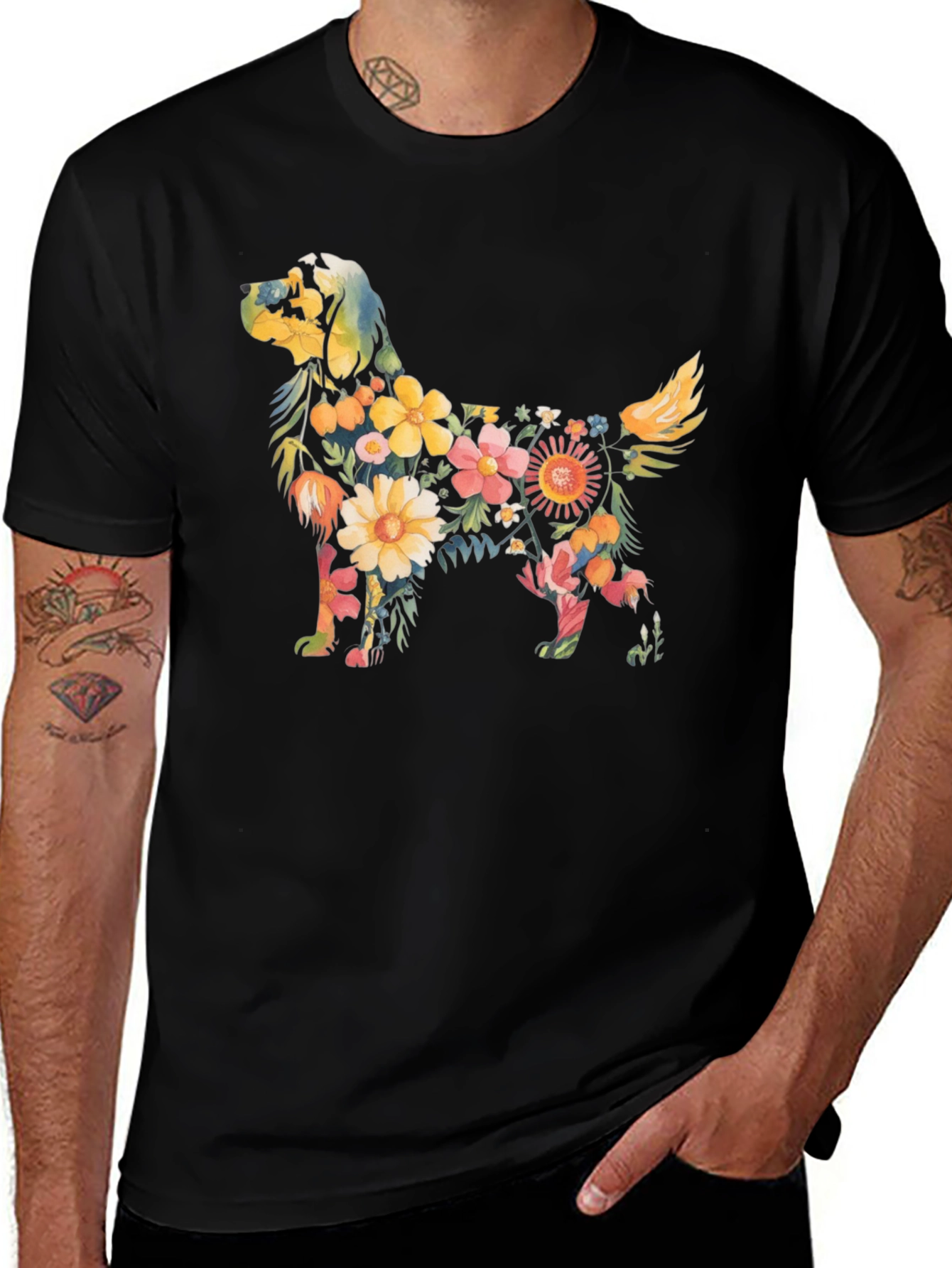 Variant 4 of Floral Dog Graphic Tee - Stylish Unisex Black T-Shirt