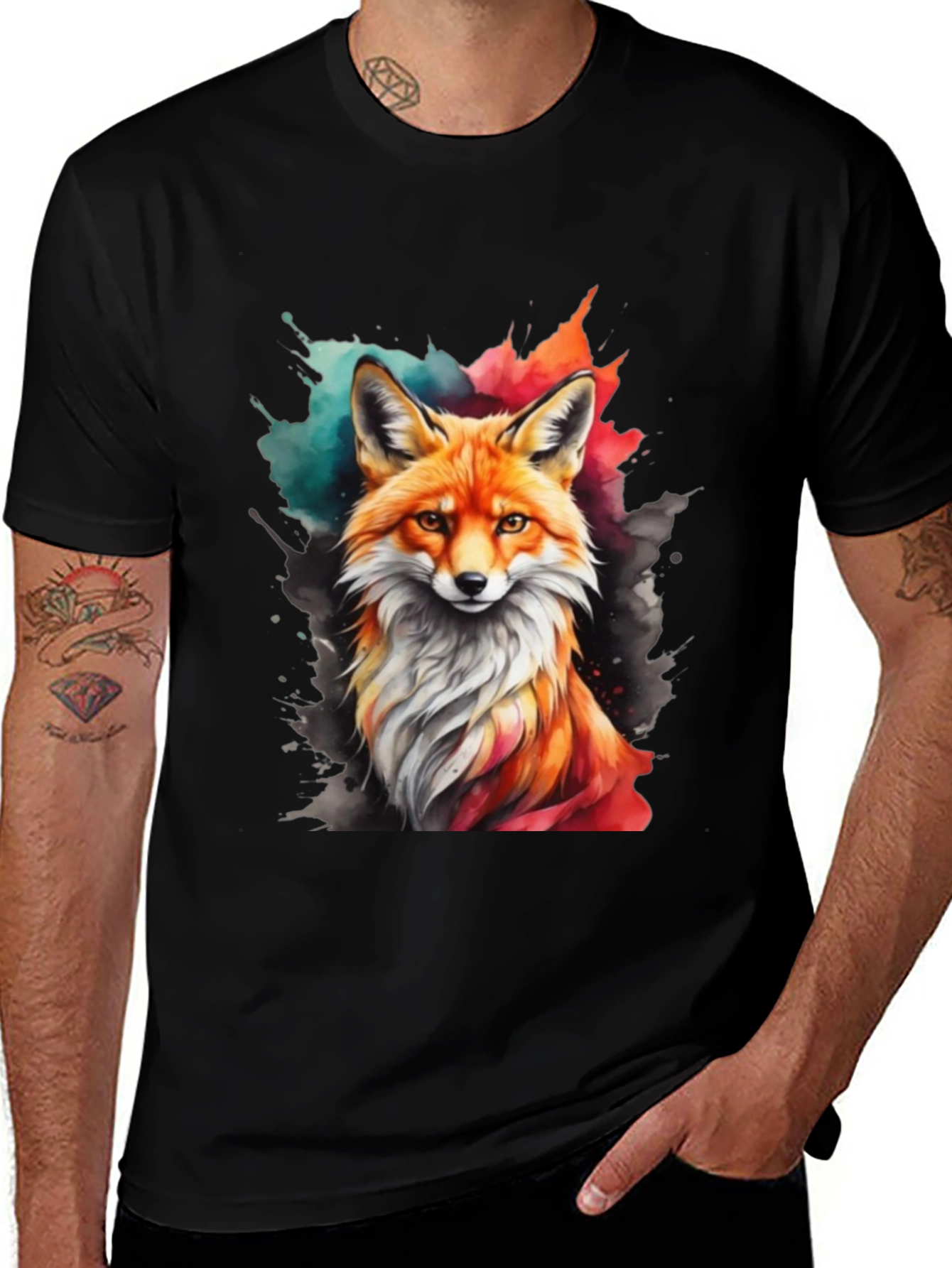 Variant 29 of Watercolor Fox Graphic Tee - Stylish Men's Black T-Shirt