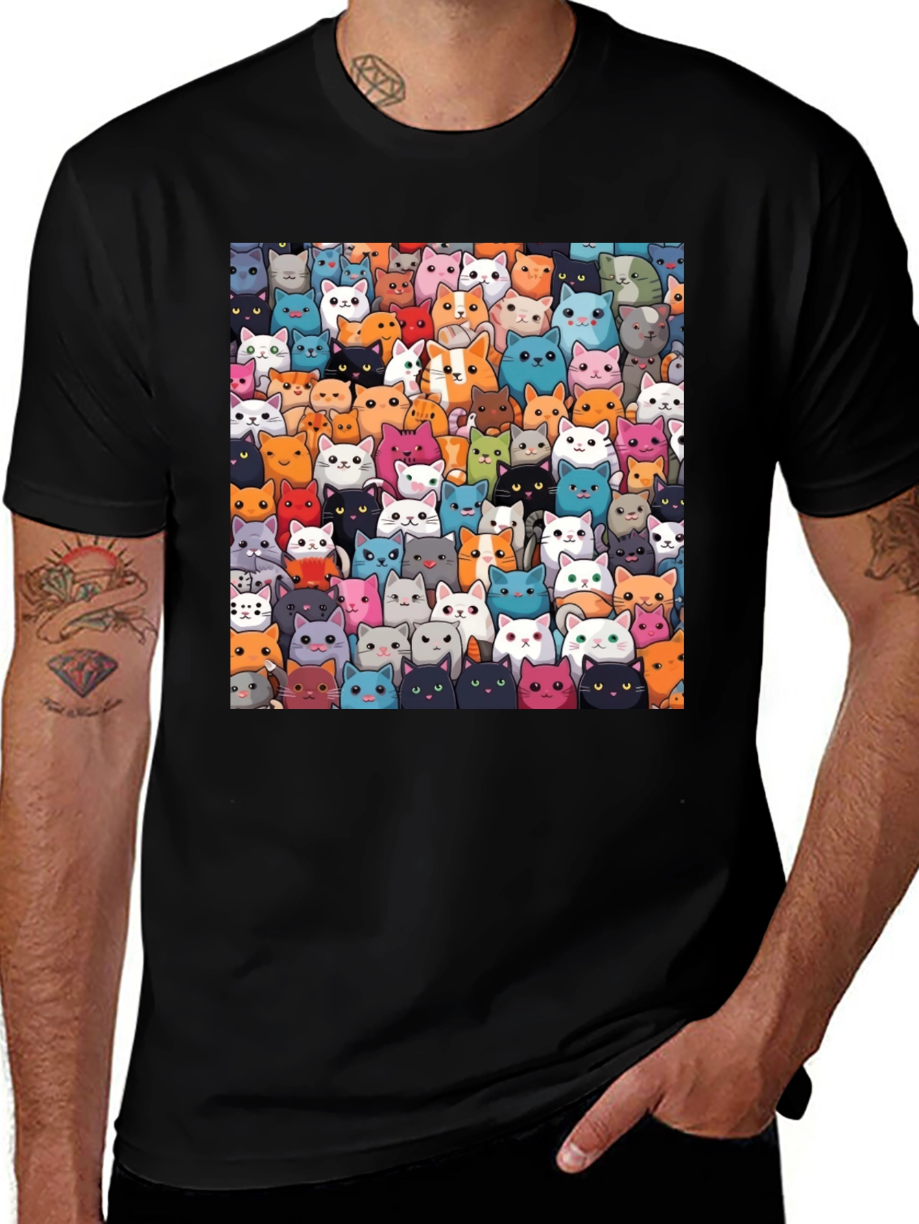 Variant 16 of Cartoon Cat Print Black T-Shirt