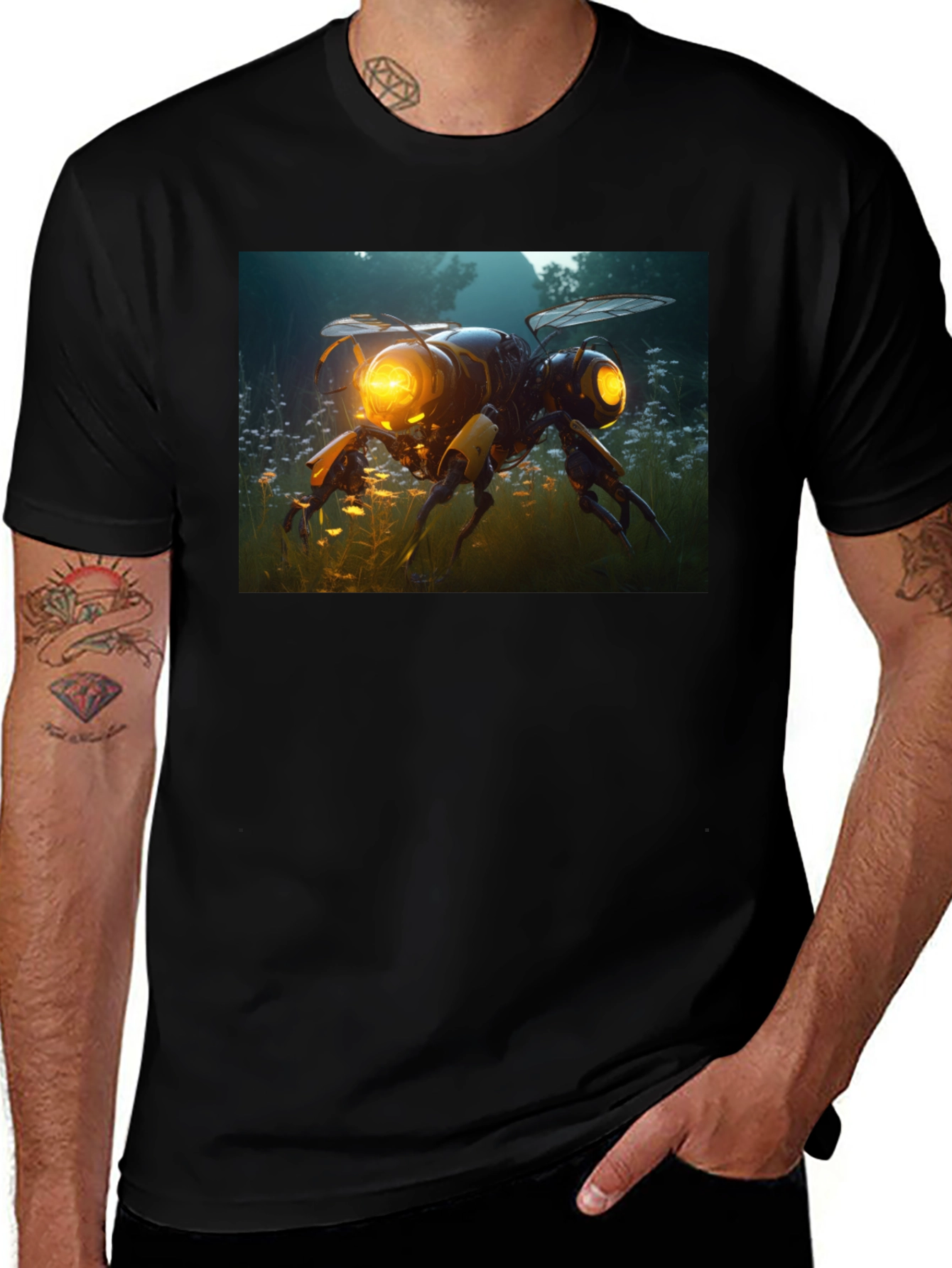 Variant 5 of Robotic Bee Graphic Tee - Black Cotton T-Shirt