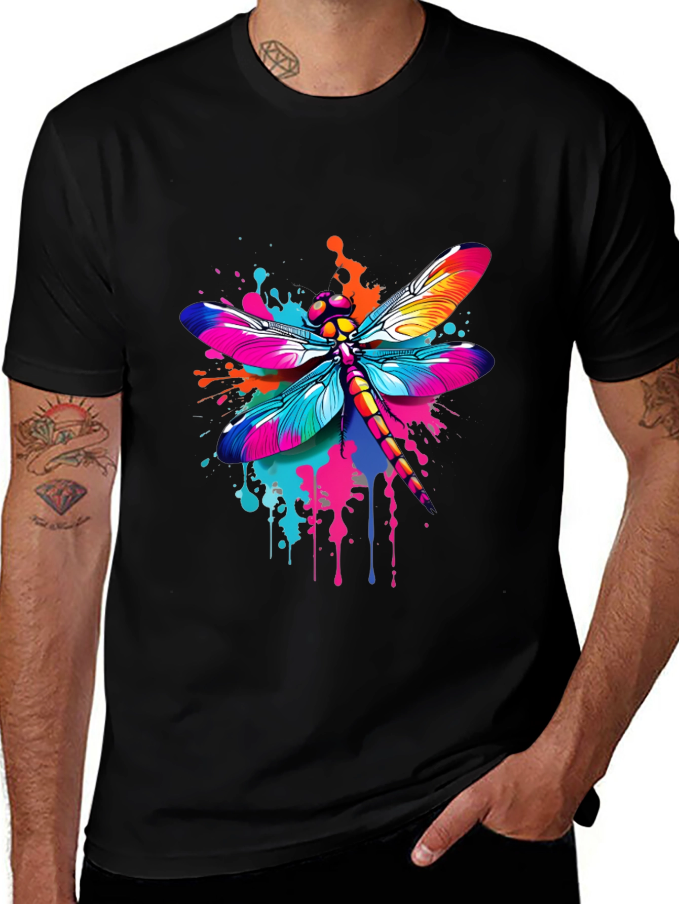Variant 14 of Vibrant Dragonfly Graphic Tee - Men's Black T-Shirt