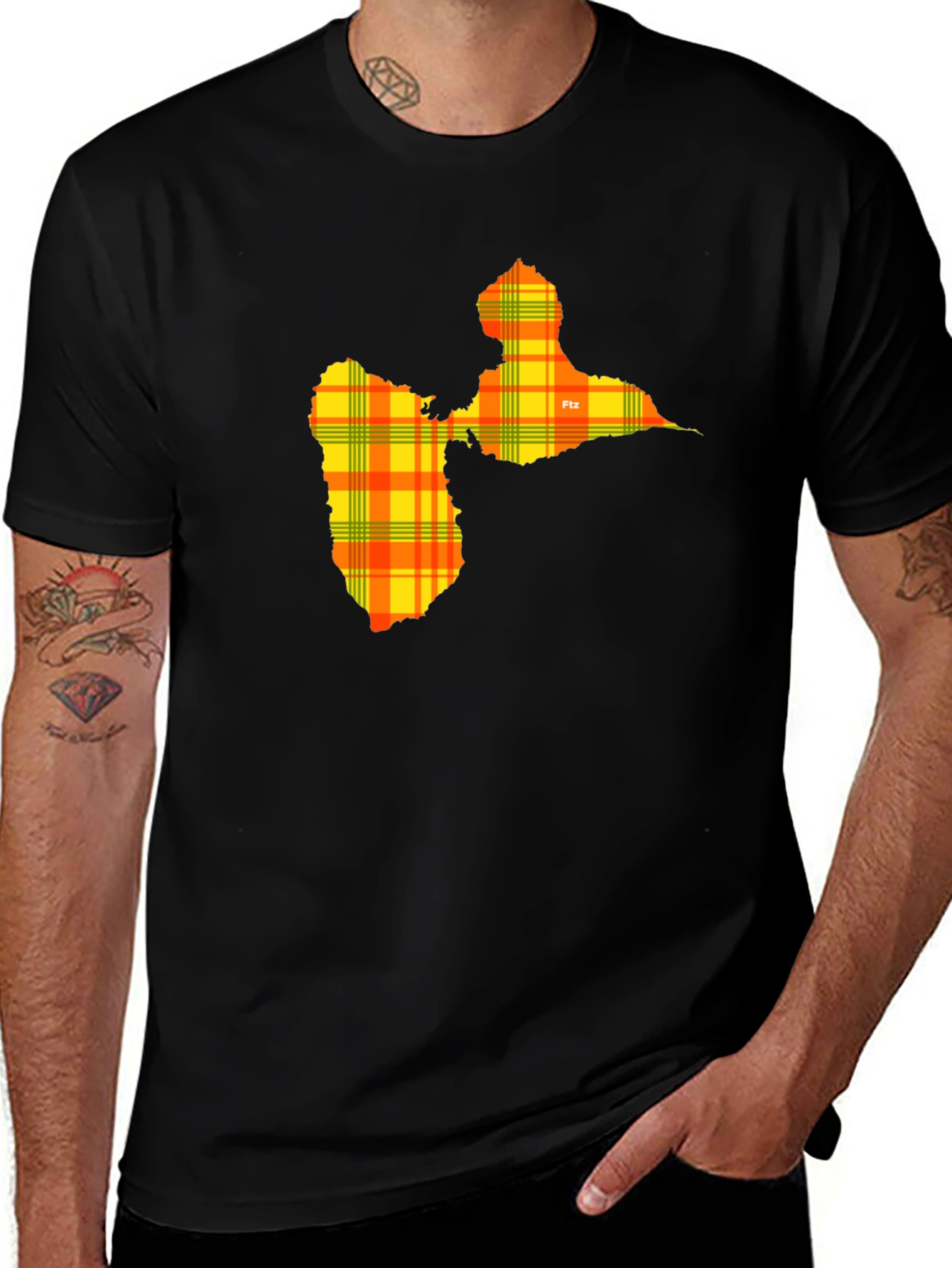 Variant 30 of Guadeloupe Map Plaid T-Shirt - Black